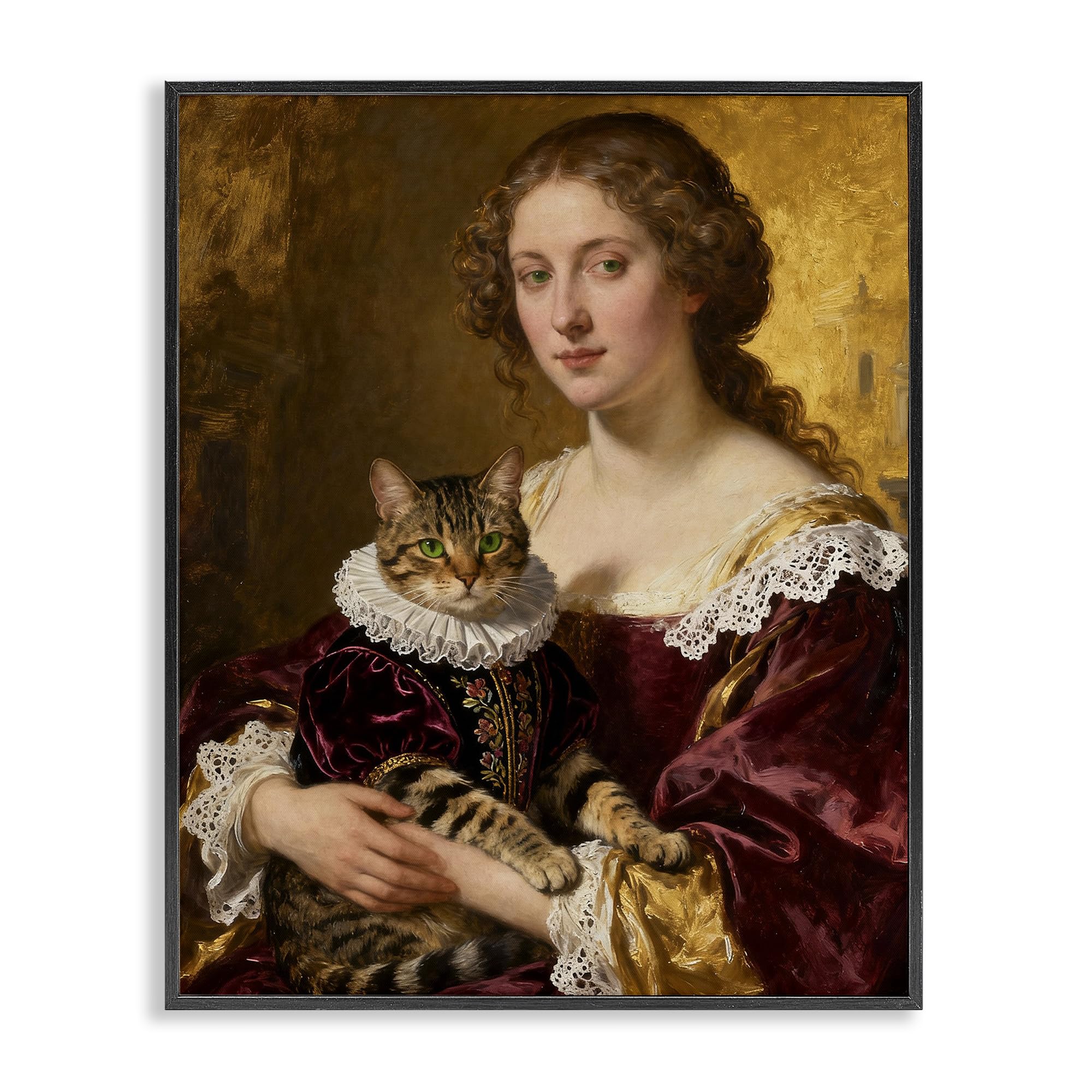 Stupell Industries Midnight Black (Textured) 'Renaissance Lady With Regal Cat'| Framed Giclee Art