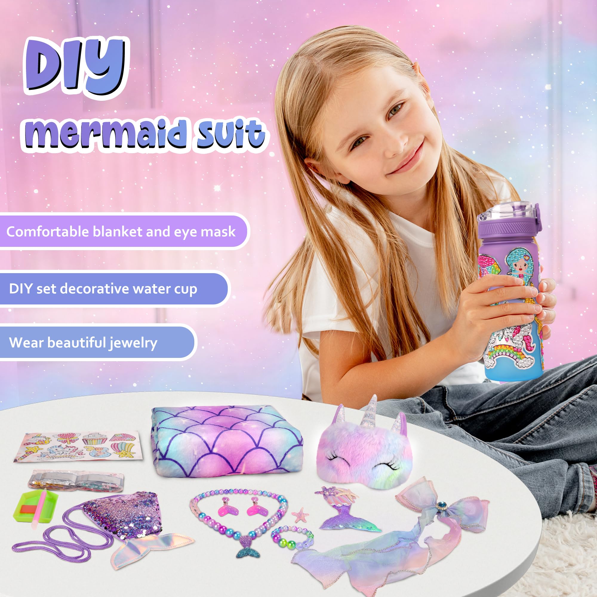 Runeaoys Meerjungfrauenschwanz-Decke für Mädchen, Valentinstag, Ostern, Geschenke für Mädchen, Geburtstag, Diamant-Kunst-Kits mit Halskette, Armband, Ring, Ohrringen, Wasserflasche