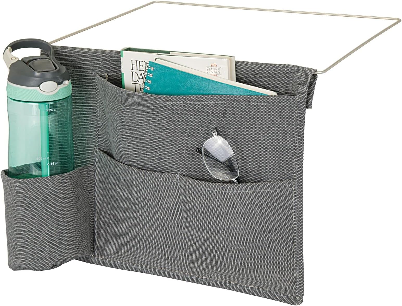 mDesign Bedside Storage Organizer Caddy Pocket - Slim Space Saving Design, 4 Pockets - Heavy Cotton Canvas - Holds Water Bottles, Books, Magazines - Charcoal Gray/Wire Insert in Satin