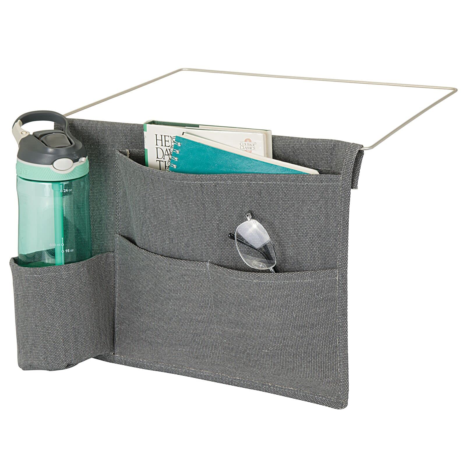 mDesign Bedside Storage Organizer Caddy Pocket - Slim Space Saving Design, 4 Pockets - Heavy Cotton Canvas - Holds Water Bottles, Books, Magazines - Charcoal Gray/Wire Insert in Satin