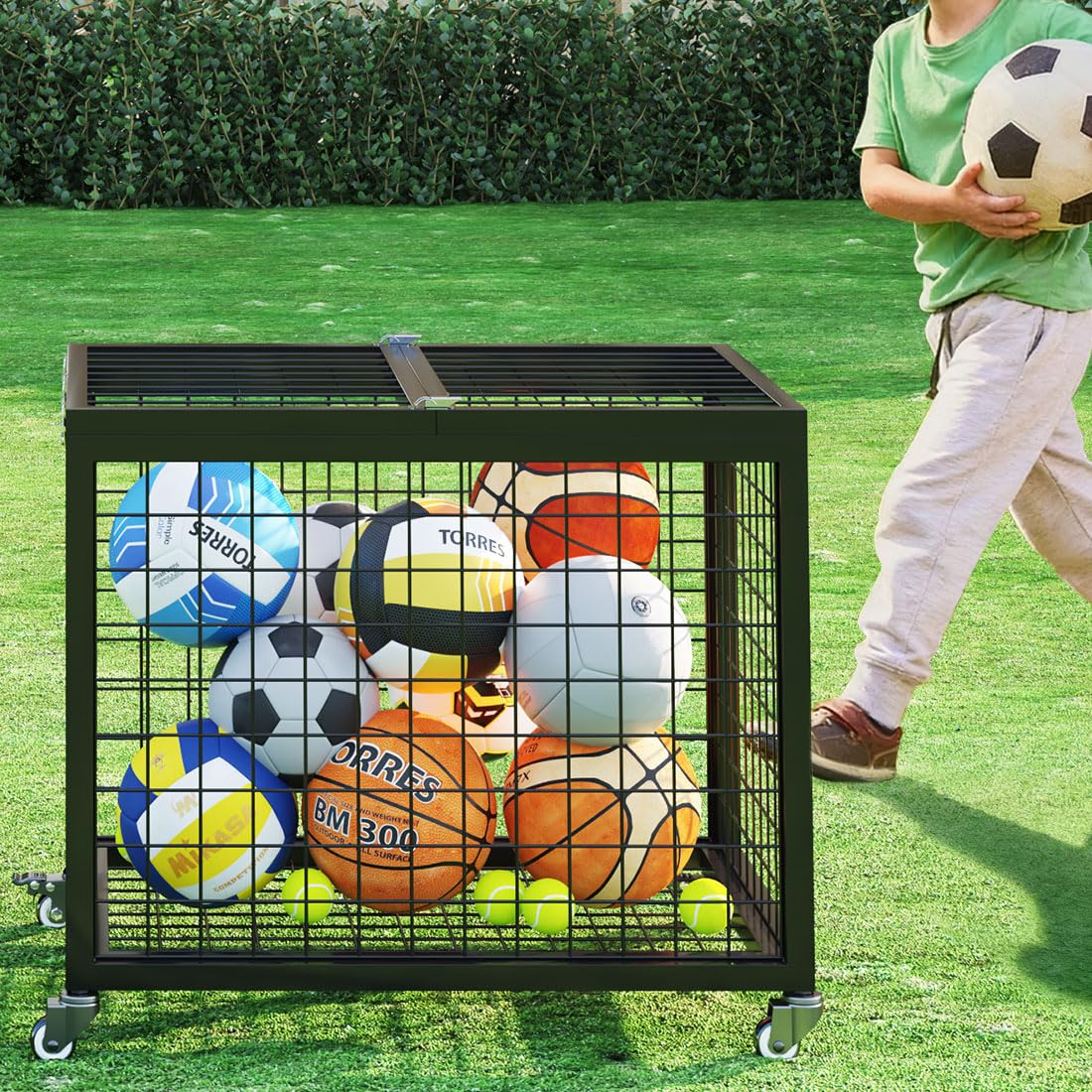 Ballwagen mit Rollen,Gitterwagen mit Deckel,Abschließbarer Ball-Aufbewahrungswagen,Ballbox,Ballregal,Ballkorb,Regal Sportgeräte für Basketball,Fußball,Volleyball,Gymnastikball,Tennisball