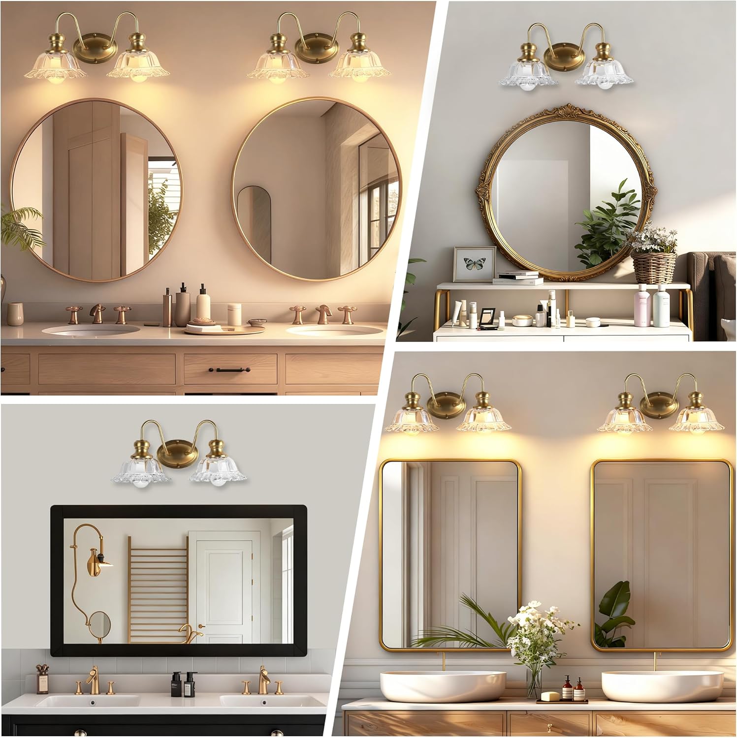 2-Lights Bathroom Vanity Light Gold Vintage Light Fixtures Matte Antique Flower Floral Brass Crystal Glass Shade Wall Sconces Lighting for Living Room, Bedroom, Hallway（E26 Base）