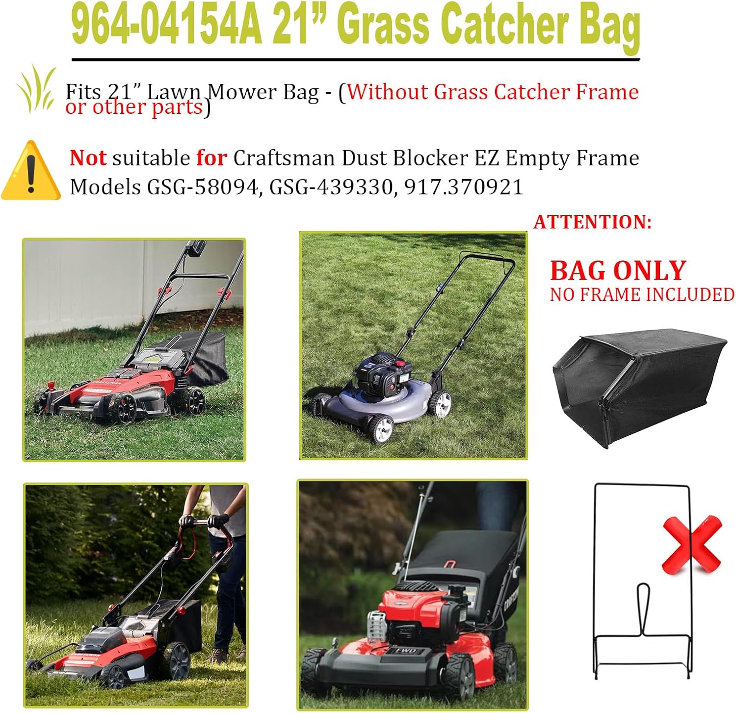 964-04154A Lawn Mower Grass Bag Replacement for MTD Craftsman Lawn Mower Bag 964-04154 Compatible with 21" Mower Series 11A and 12A (Bag Only, Without Grass Catcher Frame or Other Parts)