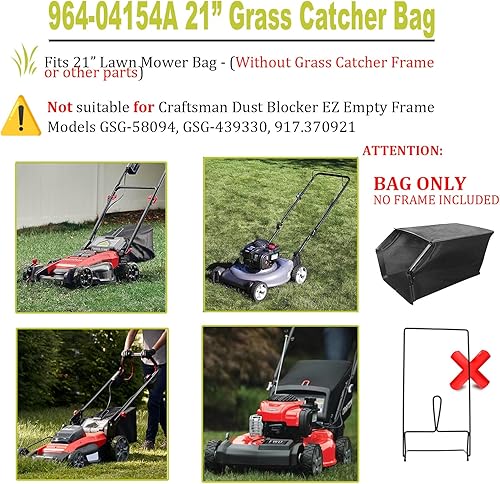 Miniatura 3 de 964-04154A - Bolsa de repuesto para cortacésped MTD Craftsman 964-04154 compatible con cortacésped de 21 pulgadas Series 11A y 12A (solo bolsa, sin
