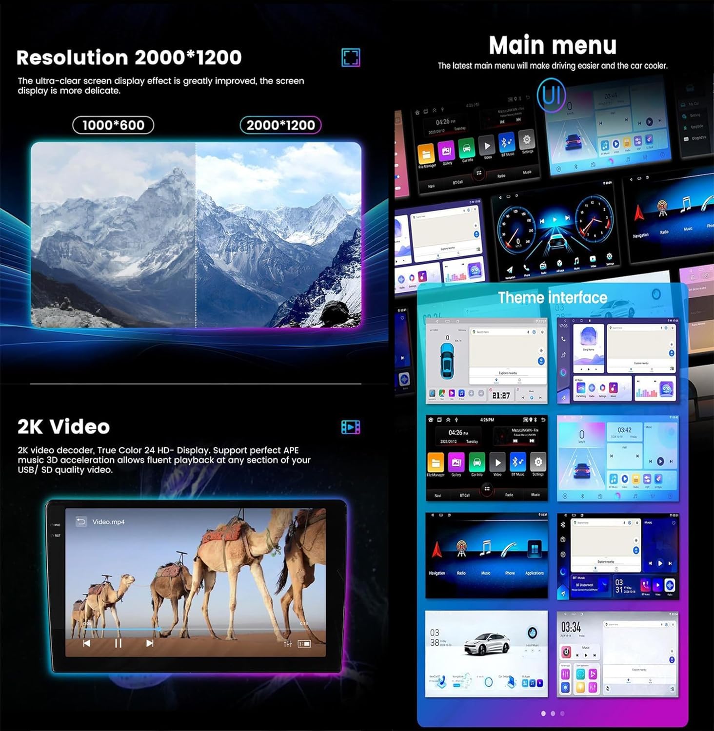 Screenshots of 2K video playback, main menu, and various theme interfaces