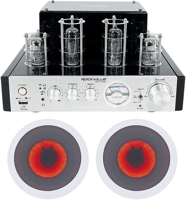 (1) Rockville BluTube 70w Tube Amplifier/Home Theater Stereo Receiver w/Bluetooth Bundle with (2) Rockville HC65-LED 6.5" 500 Watt in-Ceiling Home Theater Speakers with LED (3 Items)