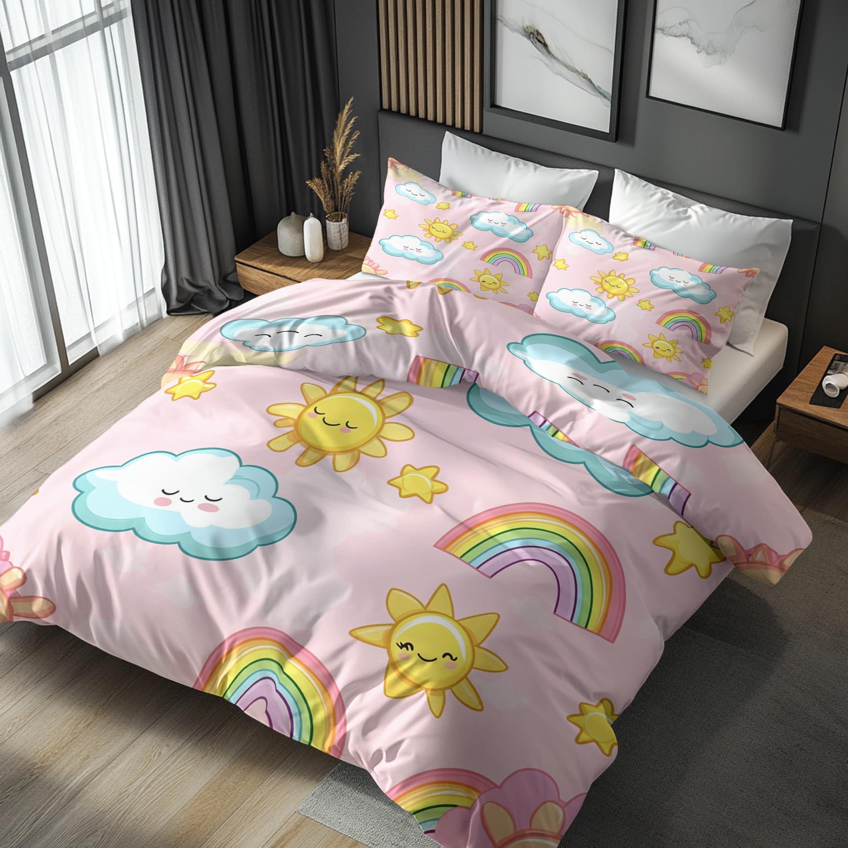 Funda Nordica Cama 105 Niña Arcoiris, Funda Edredon 200x200 y 2 Fundas de Almohada 50x75, Juego de Ropa de Cama de 3 Piezas Microfibra Suave con Cremallera MXZ112