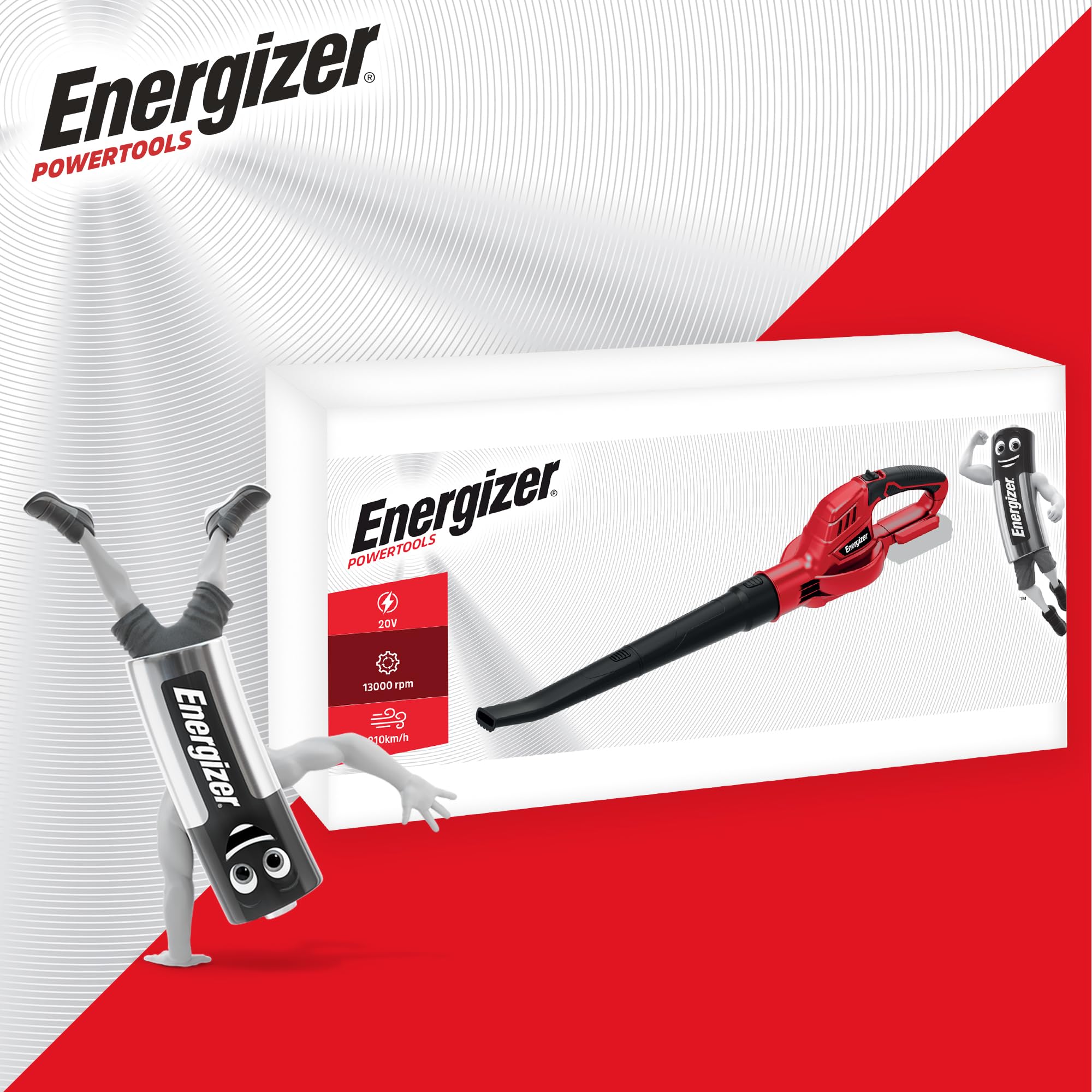 Energizer - Soplador de Hojas inalámbrico de 20 V (Pilas Incluidas) – Motor 13000 RPM – Velocidad de soplado 210 km/h – Ligero 1,2 kg – Ergonómico y Potente – para Hojas, Polvo, escombros y Otros