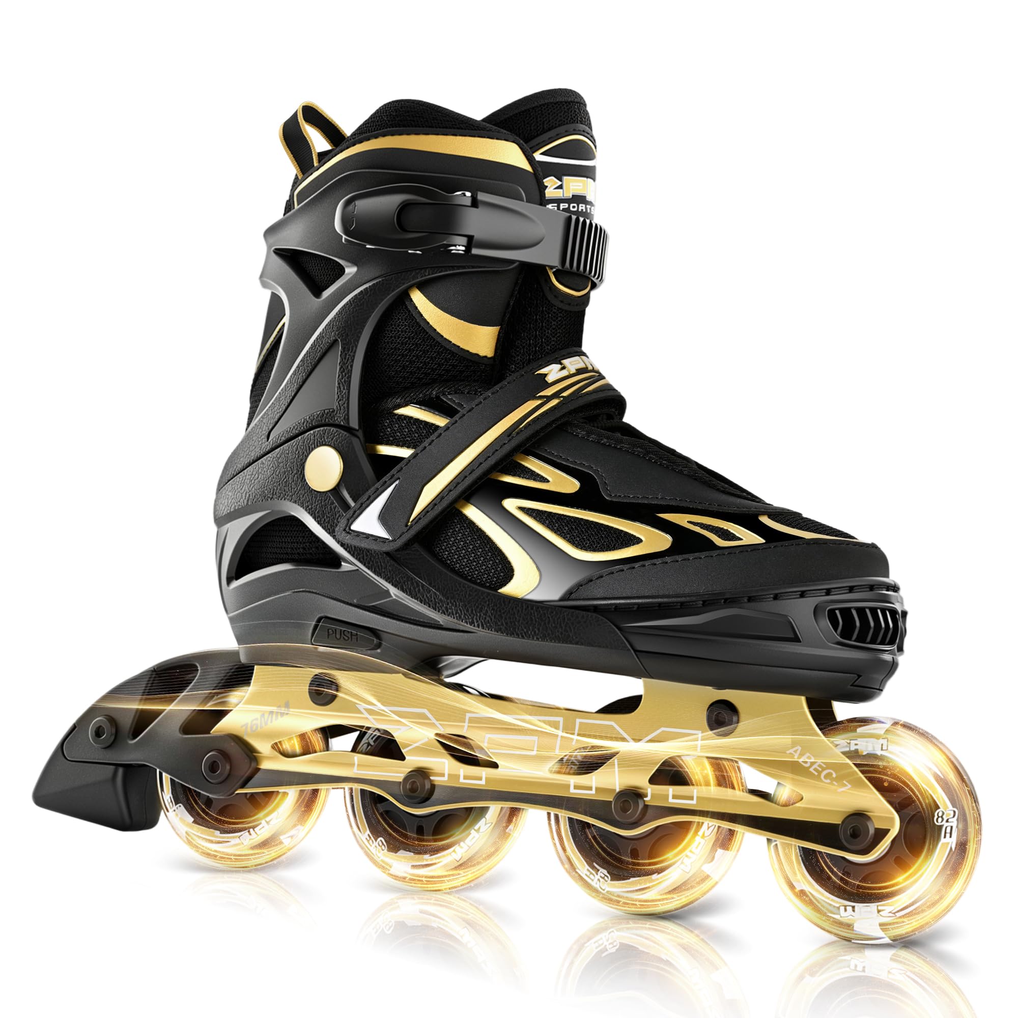 2PM SPORTS Adjustable Inline Skates for Kids, Youth and Adults | Reinforced aluminum frame; lateral support; beginner friendly; triple closure; light-up wheels; 2 non-woven bags