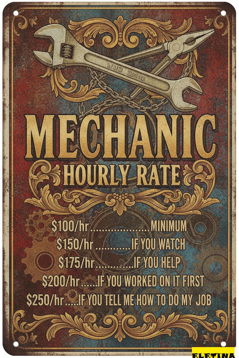 Personalized Sign for Man Cave Vintage Wall Decor Retro Vintage Metal Mechanic Hourly Rate Reproduction Metal Tin Wall Decor Cafe Bar Pub Home 12" X 8" Inches Private Property Decorative