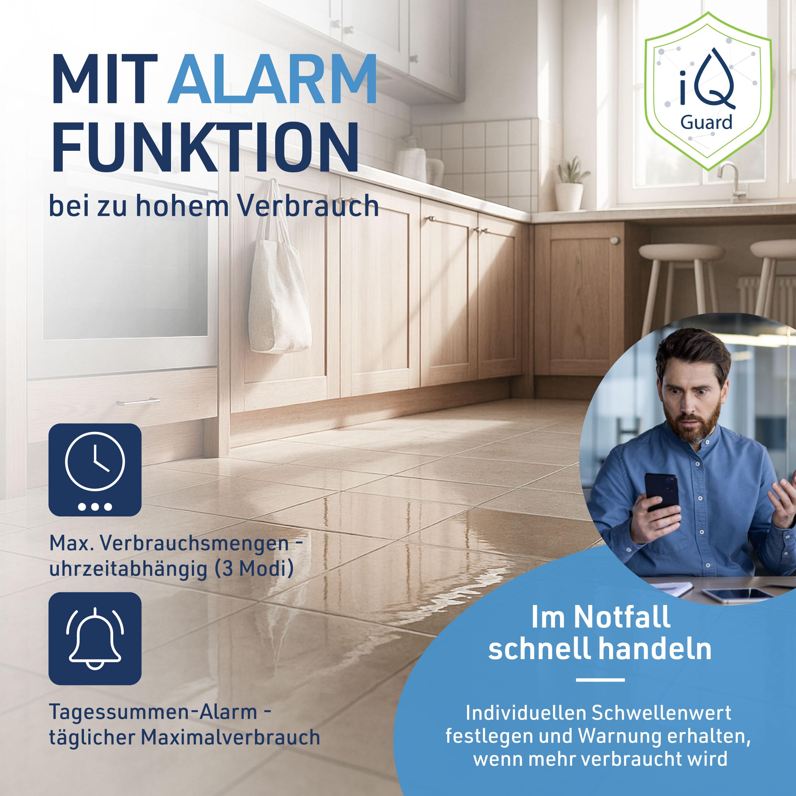 iQ waterGuard - Smarter Wassermelder mit Wasseralarm-Funktion 92dB & WLAN - Water Guard Wasserwächter für Smartphone - WiFi Wasserverbrauchs-Zähler, Überwachung von Wasserverbrauch & bei Wasserschaden