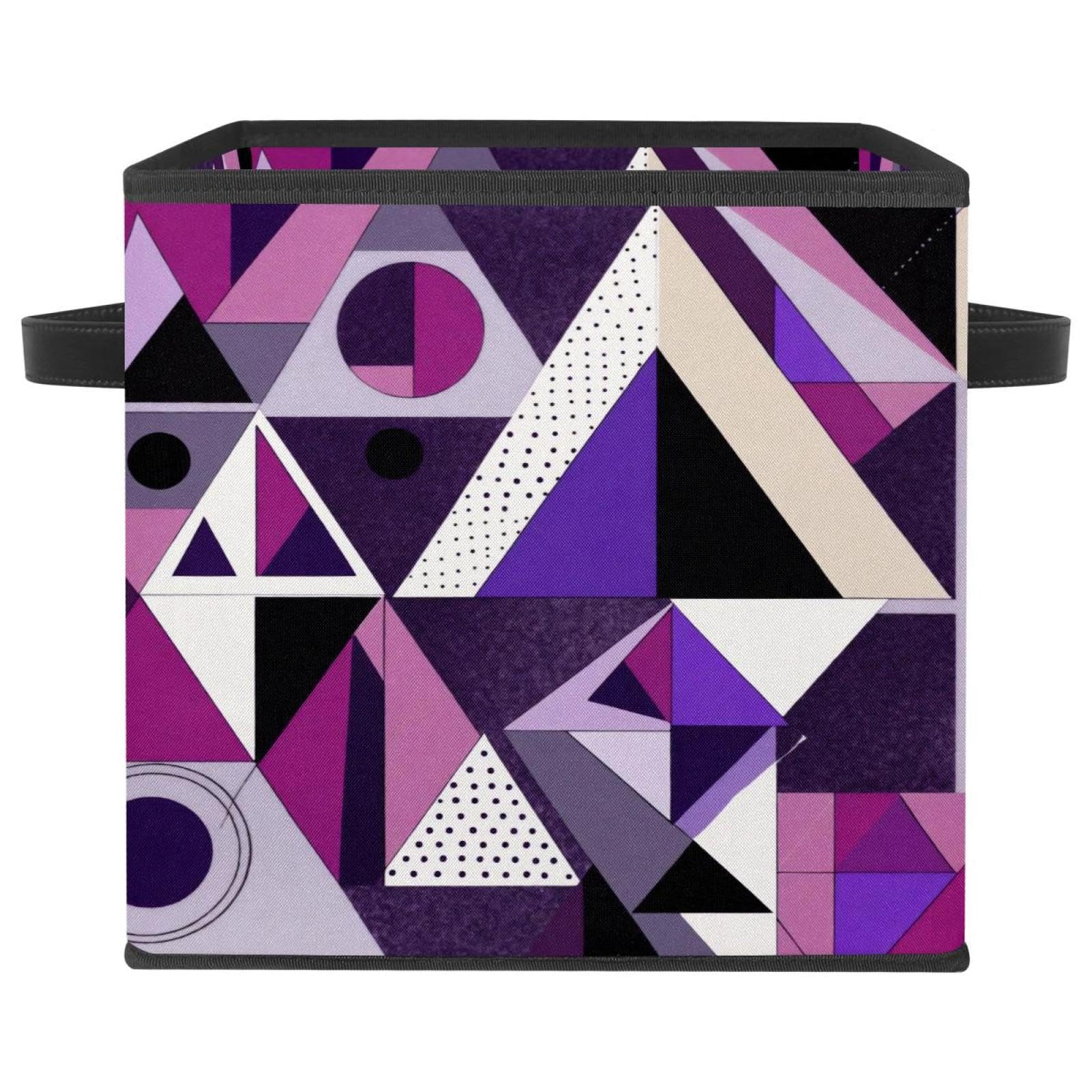 Boîte de rangement pliable grand cube violet géométrique avec poignées cuir