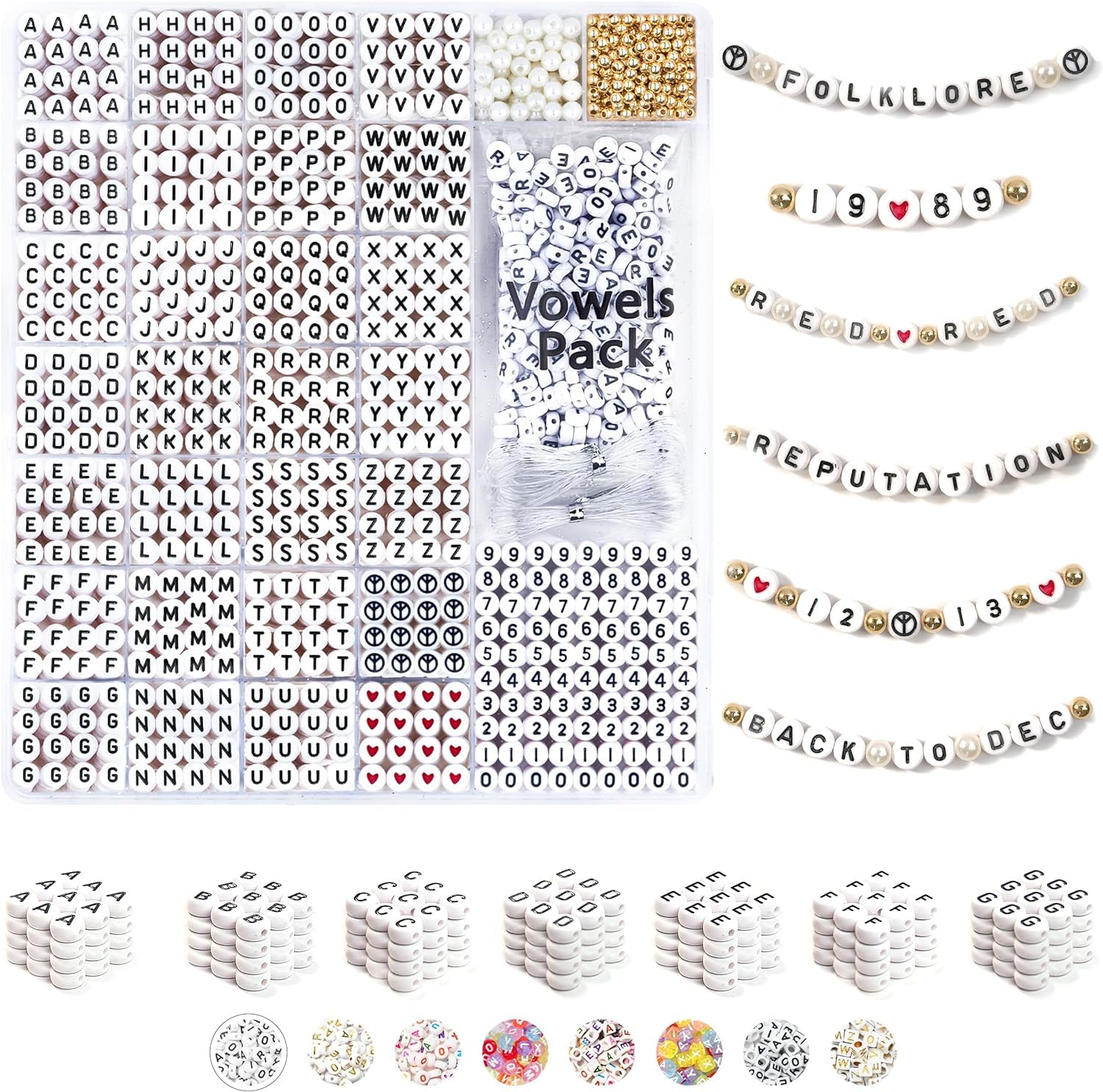 Biendo2000Pcs Acrylic 4x7mm Round Alphabet Beads A-Z with Spacer Beads, and Extra Vowels & Number Beads - Ideal for Bracelets, Necklaces, Friendship Bracelet Kits
