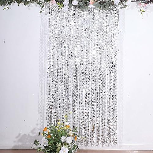 Miniatura 4 de Efavormart - Telón de fondo ondulado de oropel plateado metálico para fiesta, cortina de cabina de fotos con flecos de papel de aluminio rizado, 3 x