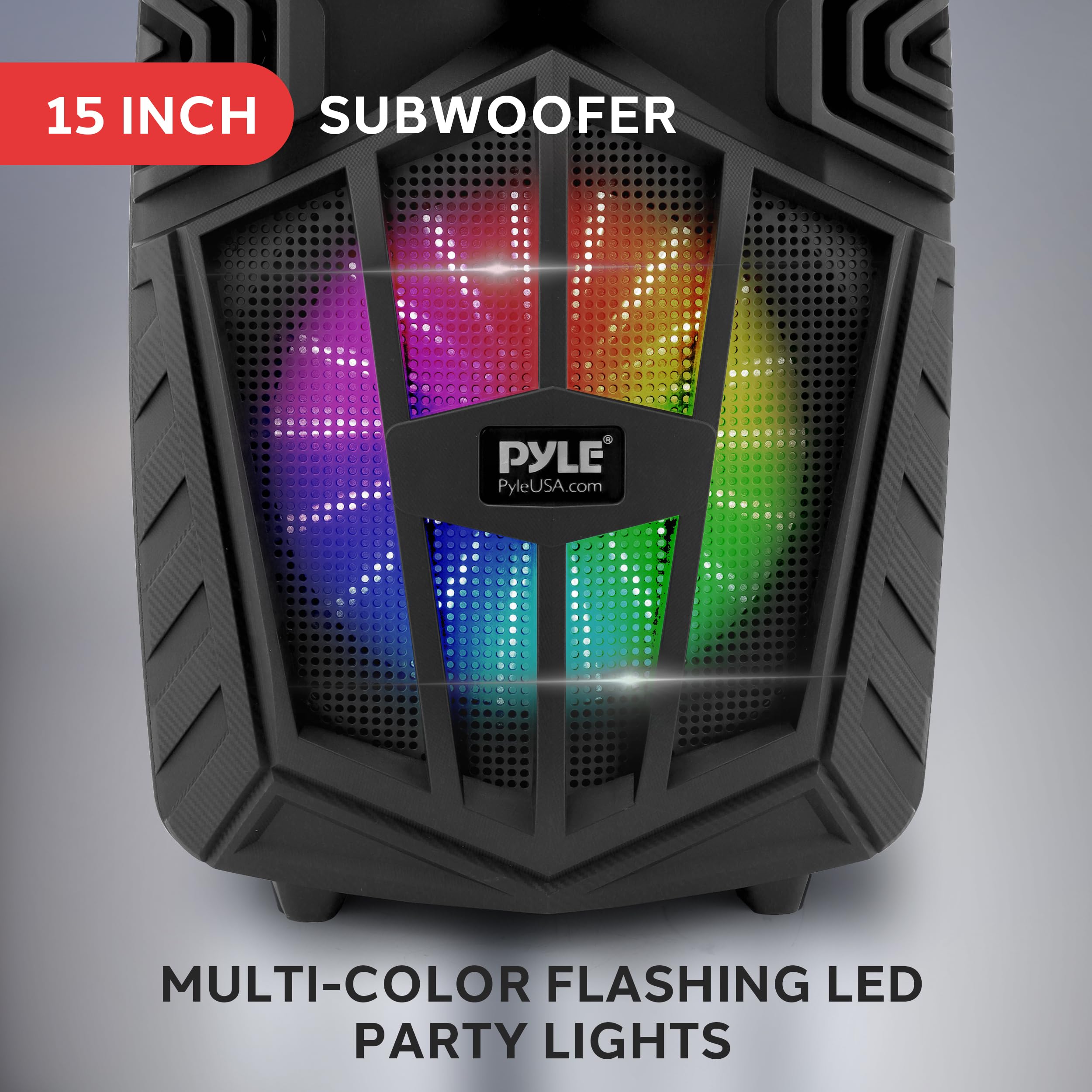 Pyle Głośnik Bluetooth, głośnik Bluetooth, głośnik i przenośna obudowa PA 1680 W, subwoofer 38 cm, ładowalny, karaoke i imprezy plenerowe z bezprzewodowym mikrofonem, kołami, lampkami LED, FM/AUX/MP3