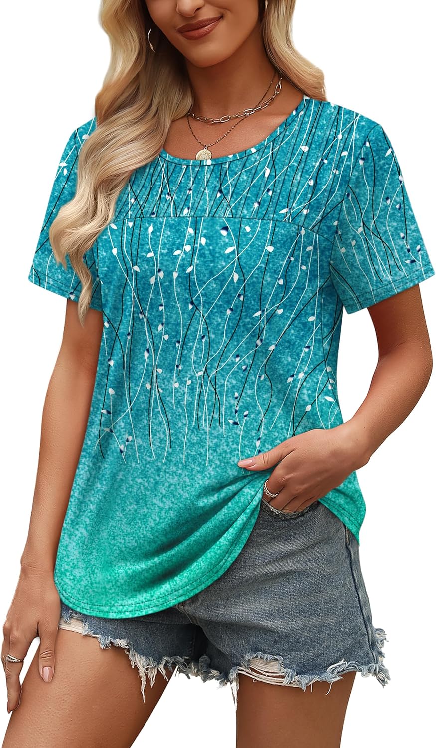 OFEEFAN Women's Clothing Trendy Short Sleeve Summer Tops Dressy Casual Crewneck T Shirts Plus Size Spring Clothes Loose Fit - Image 3