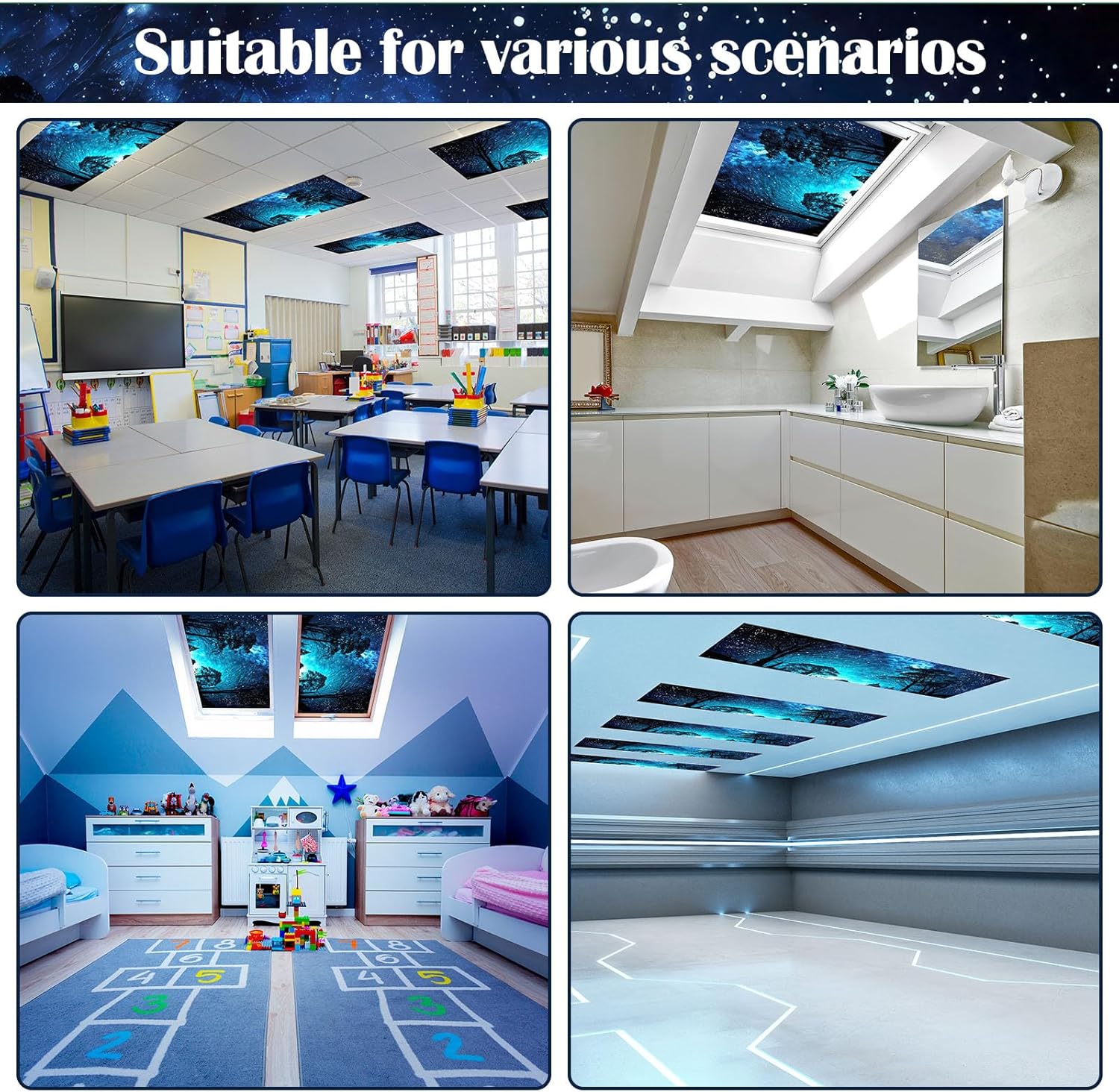 6 Pcs Fluorescent Light Covers for Ceiling Lights with 48 Magnets Decorative Magnetic Light Filters for Classroom Office Kitchen Decoration(Night)