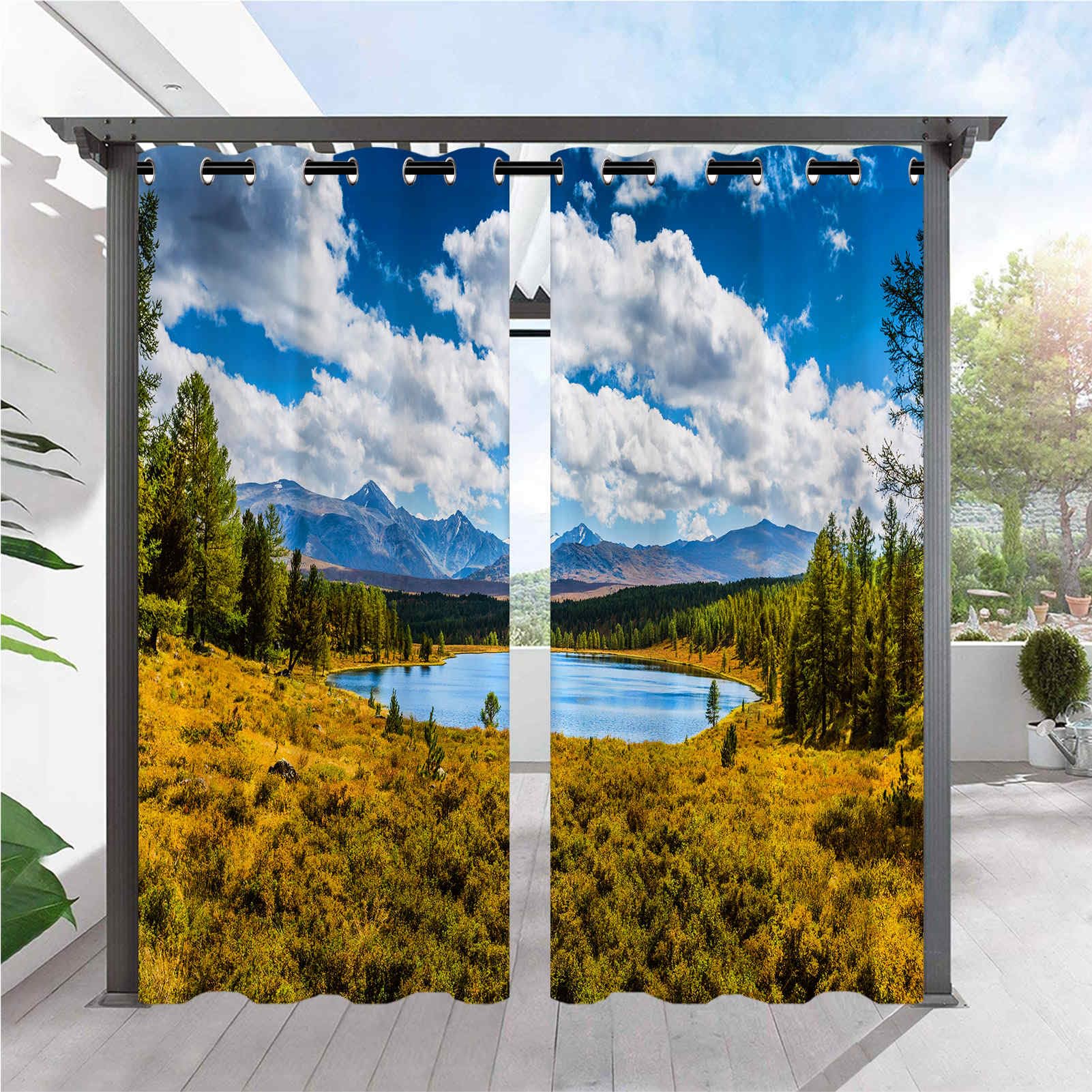 ANHOPE Outdoor Curtains Waterproof Eyelet Ring Top Drapes Nature Forest Lake Mountain Print Pattern Privacy Outside Curtains for Garden Patio Gazebo Pergola 2 Panels W 36" x L 84"