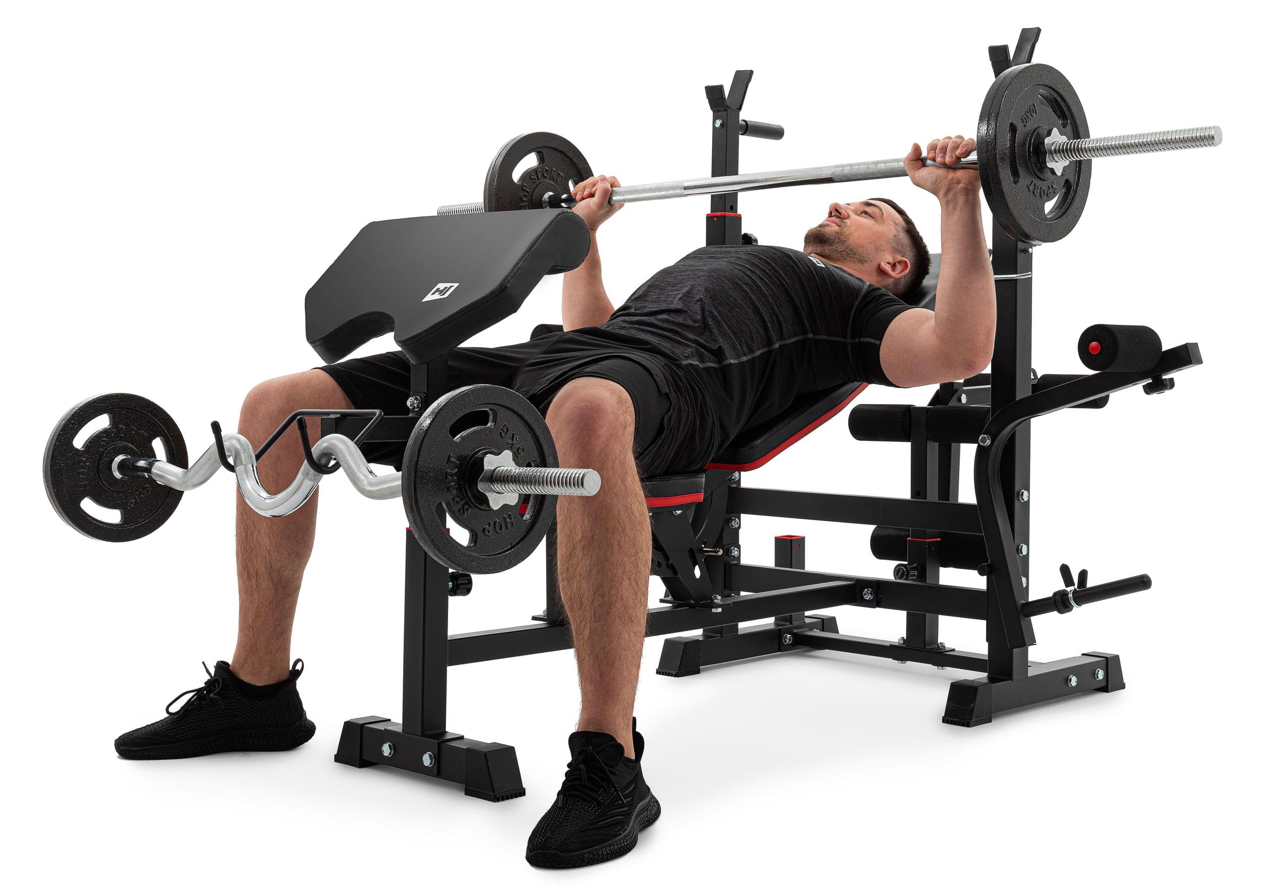 Hop-Sport Hantelbank, Multifunktionale Trainingsbank mit Butterfly, Beincurler & Curlpult, Verstellbare Langhantelständer, Heimfitness Kraftstation, 270 kg Belastbarkeit