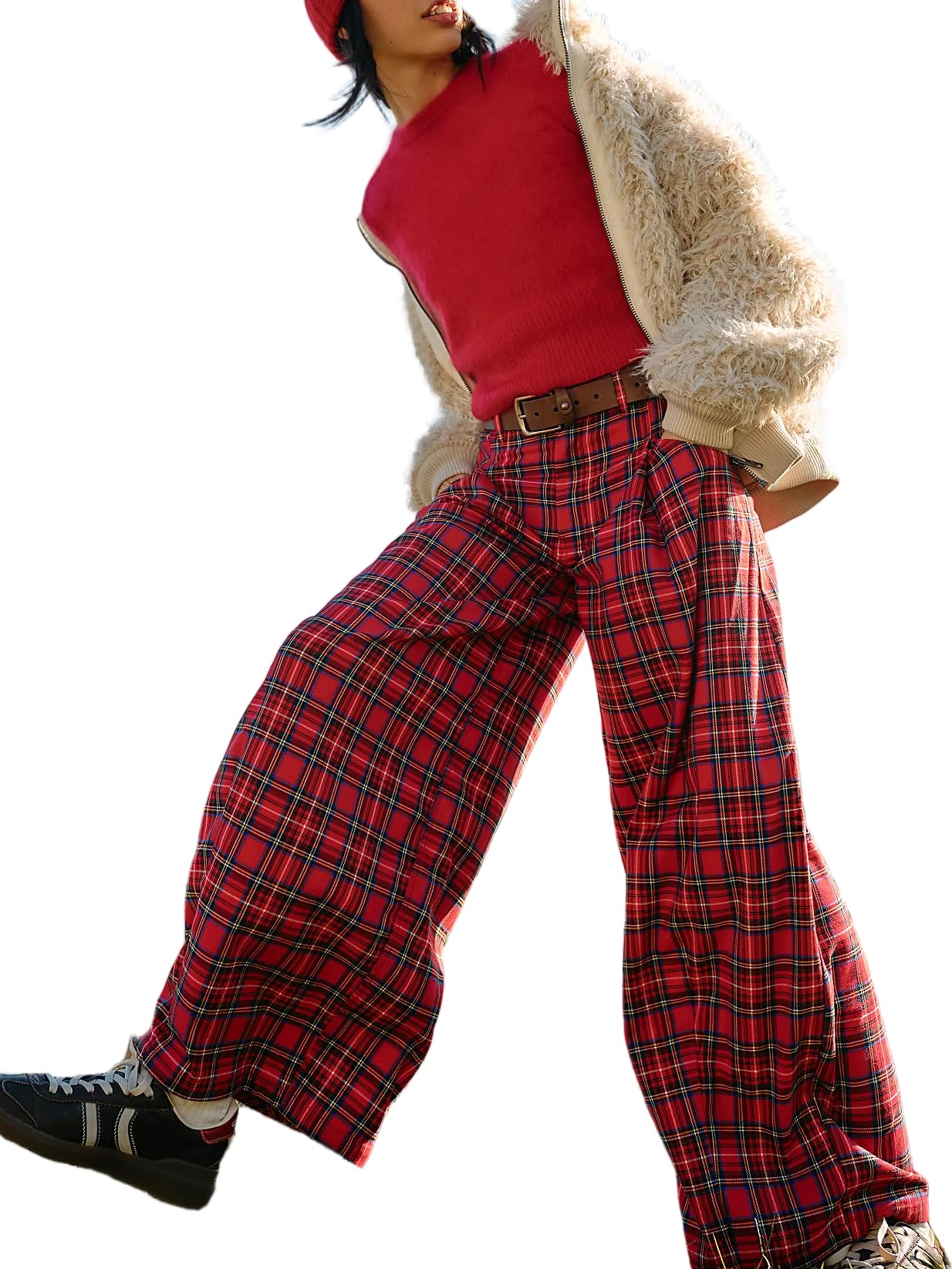 Vintage Christmas Plaid Baggy Trousers for Women Y2k Gingham Wide Leg Mid Rise Holiday Fall Tartan Pants with