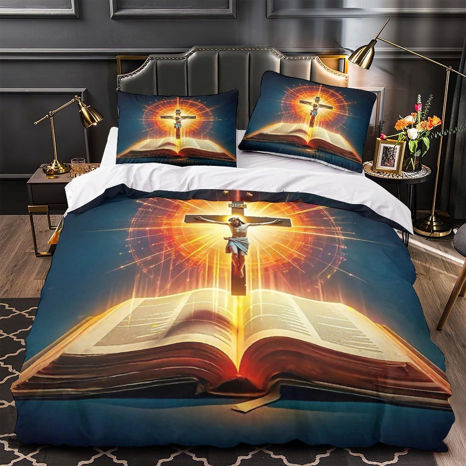 Housse de couette Jésus en microfibre douce hypoallergénique zip invisible 200x200