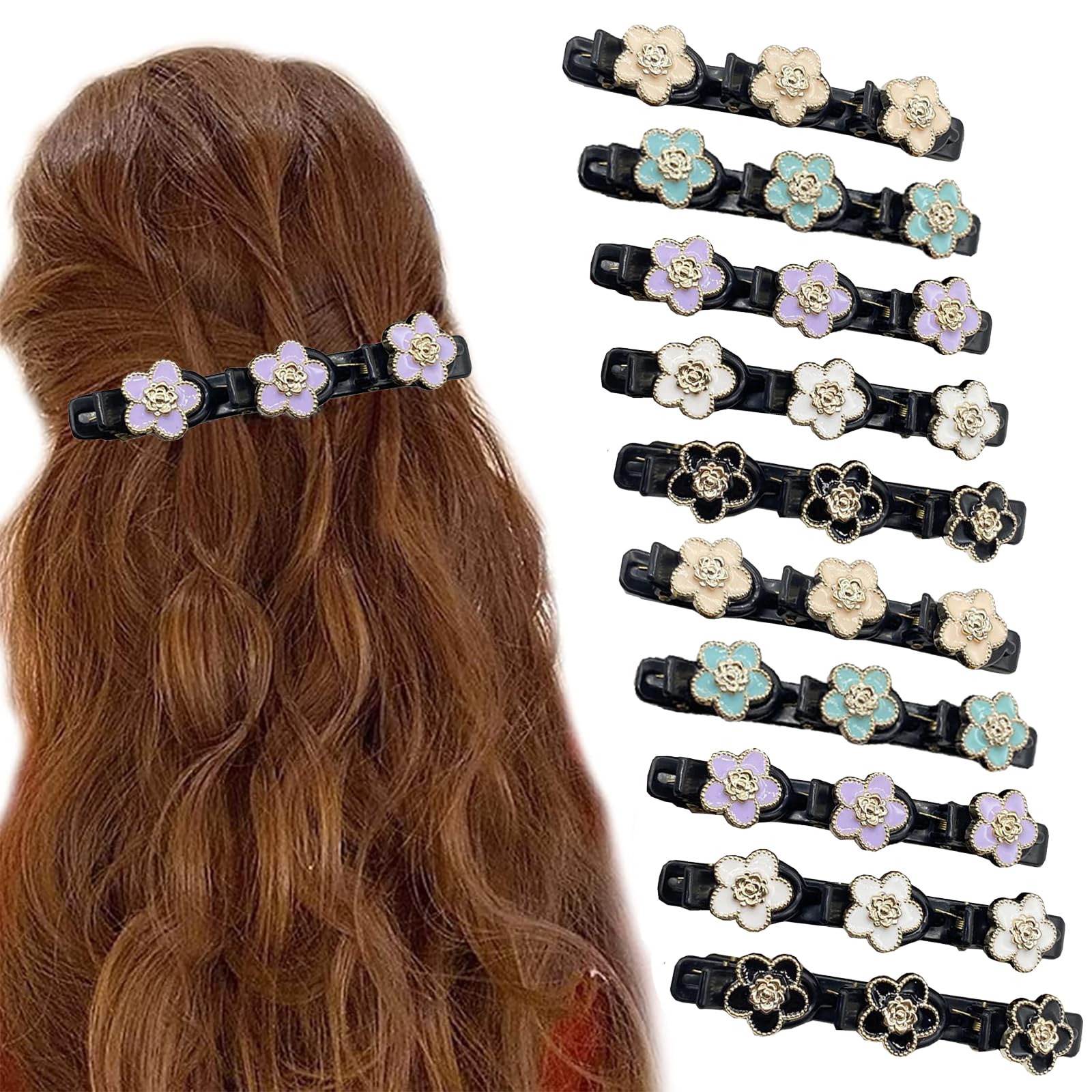 Sparkling Crystal Stone Braided Hair Clips, Satin Fabric Clips for Women, Four-Leaf Crystal Stone Hair Clip with 3 Small Clips Retro Flower -10 PCS