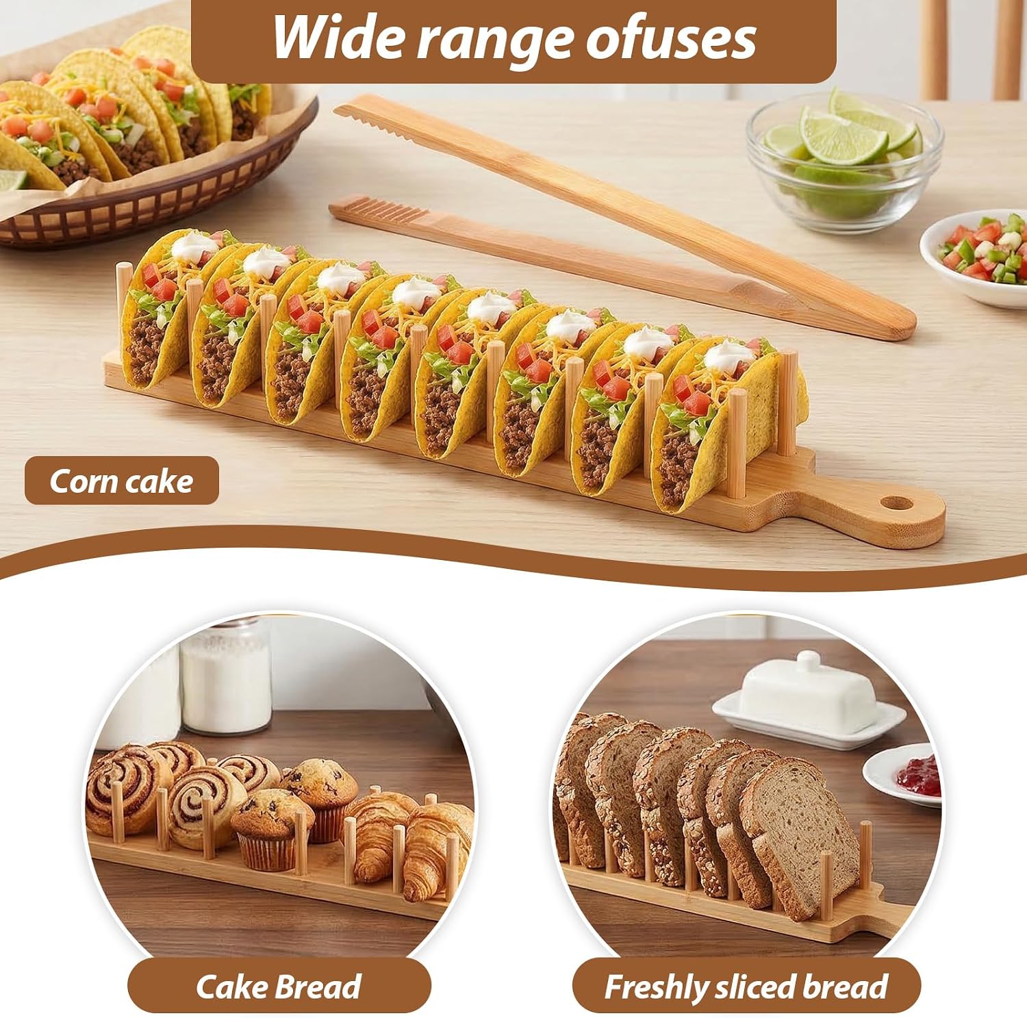 2-Pack Bamboo Taco Holder with Tongs, Each Holds 8 Tacos, Wooden Tacos Rack Tray Stand for Hard or Soft Shells, Burritos, Tortillas, for Taco Night, Party, Kitchen Accessories, Housewarming Gift