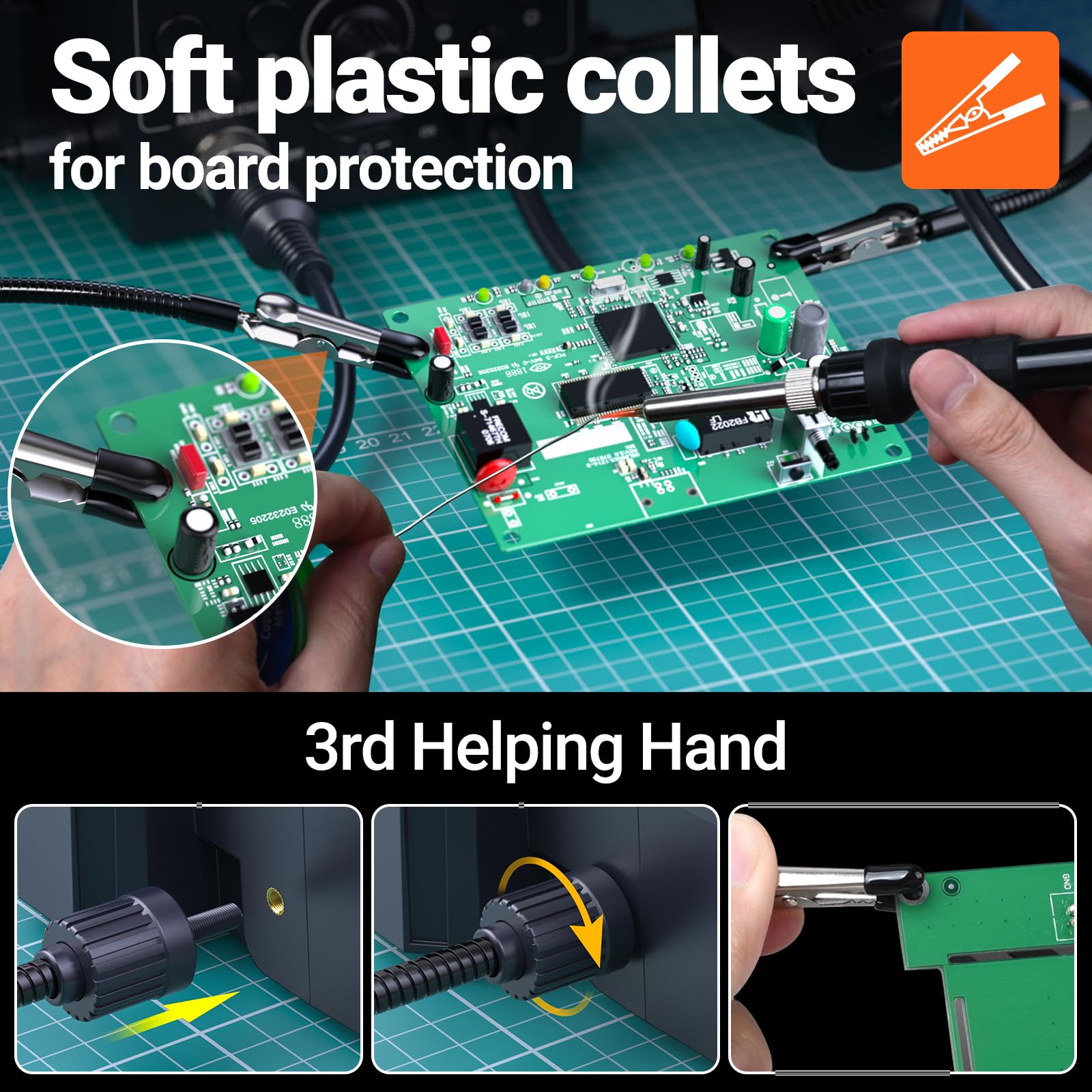 Preciva Estación de soldadura digital 938BD con manos de ayuda, pantalla dual, modo de suspensión de 10 minutos y calibración, enchufe británico de 220 V para reparación de bricolaje y placa de