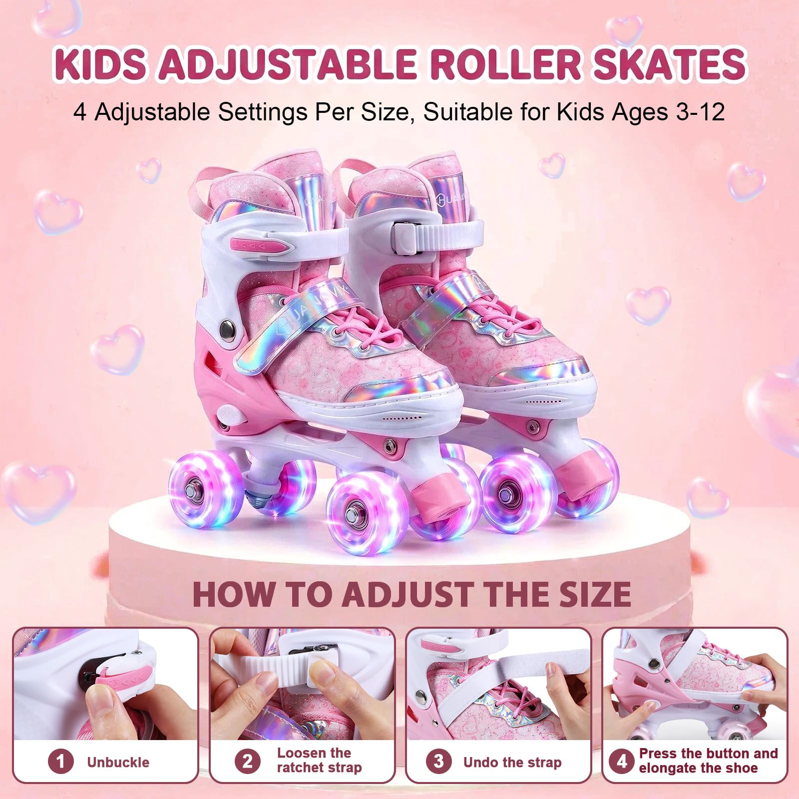 4 Sizes Adjustable Kids Roller Skates for Girls Boys Indoor Outdoor Sports, Love-Pink, Small-Little Kids - Image 3