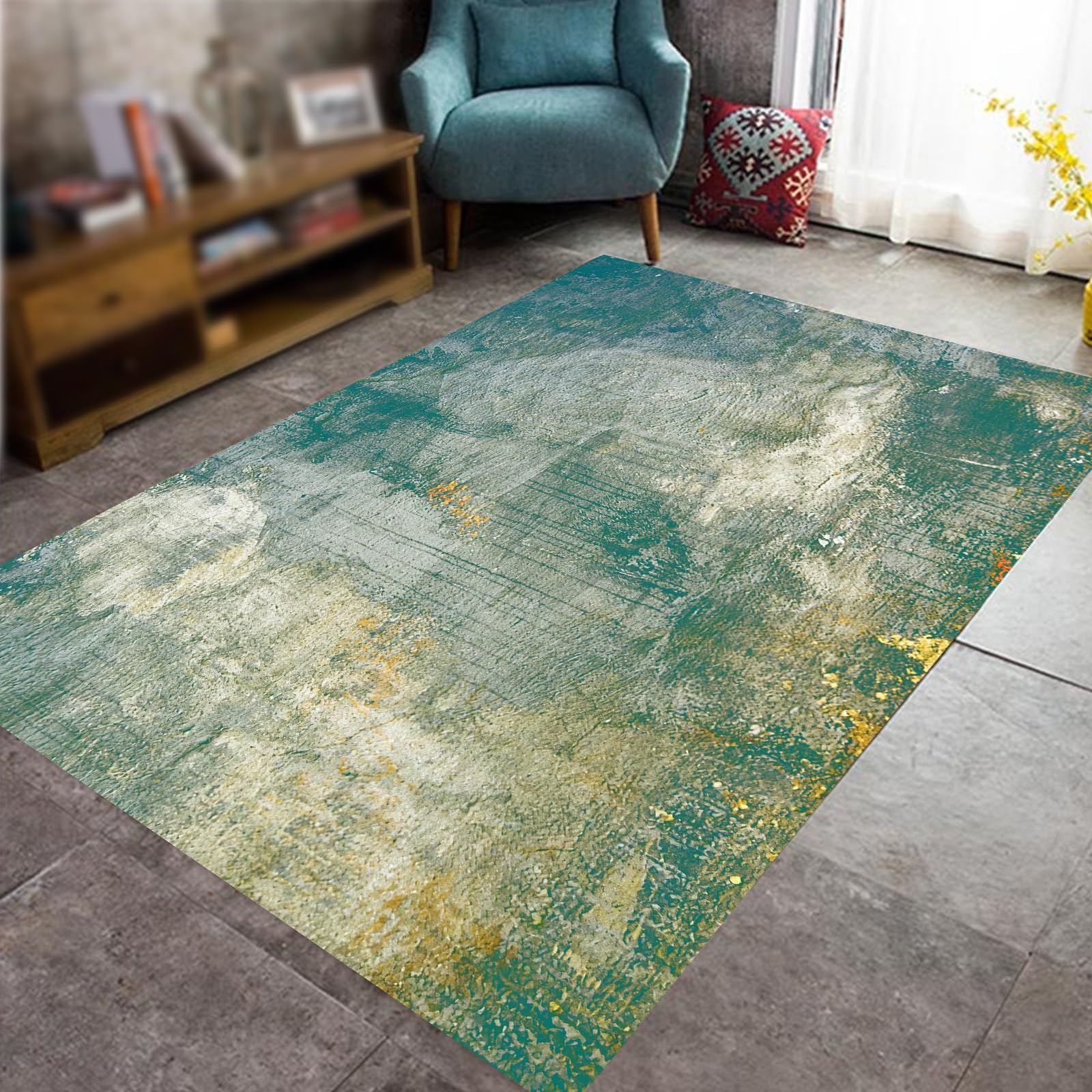 Tapis rond cyan Ø 90 cm abstrait bleu sarcelle et vert à poils courts