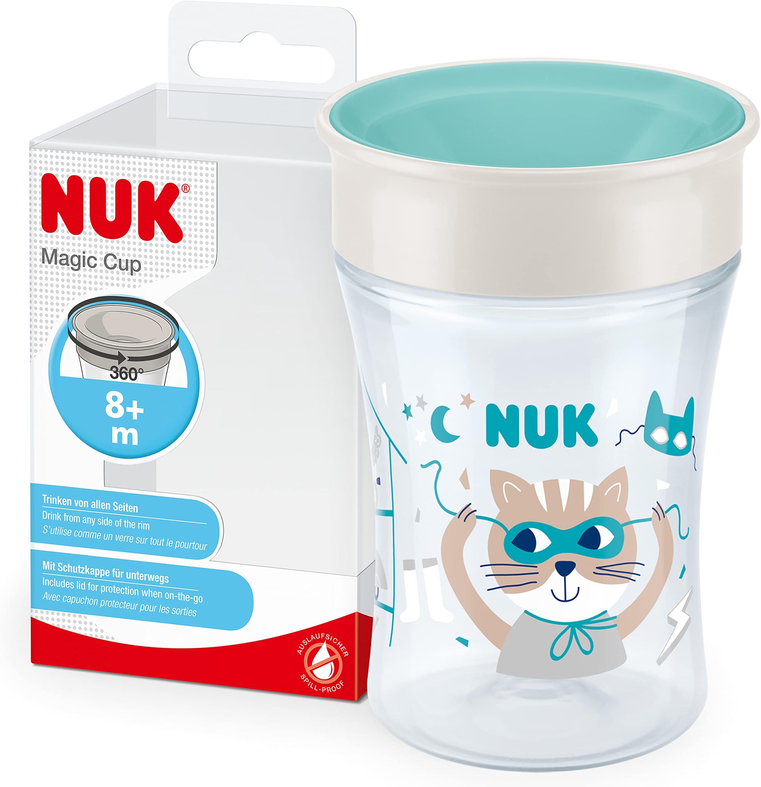 NUK Magic Cup Sippy Cup | 360° Anti-Spill Rim | 8+ Months | Leak-Proof & BPA-Free | 230 ml | Blue Cat