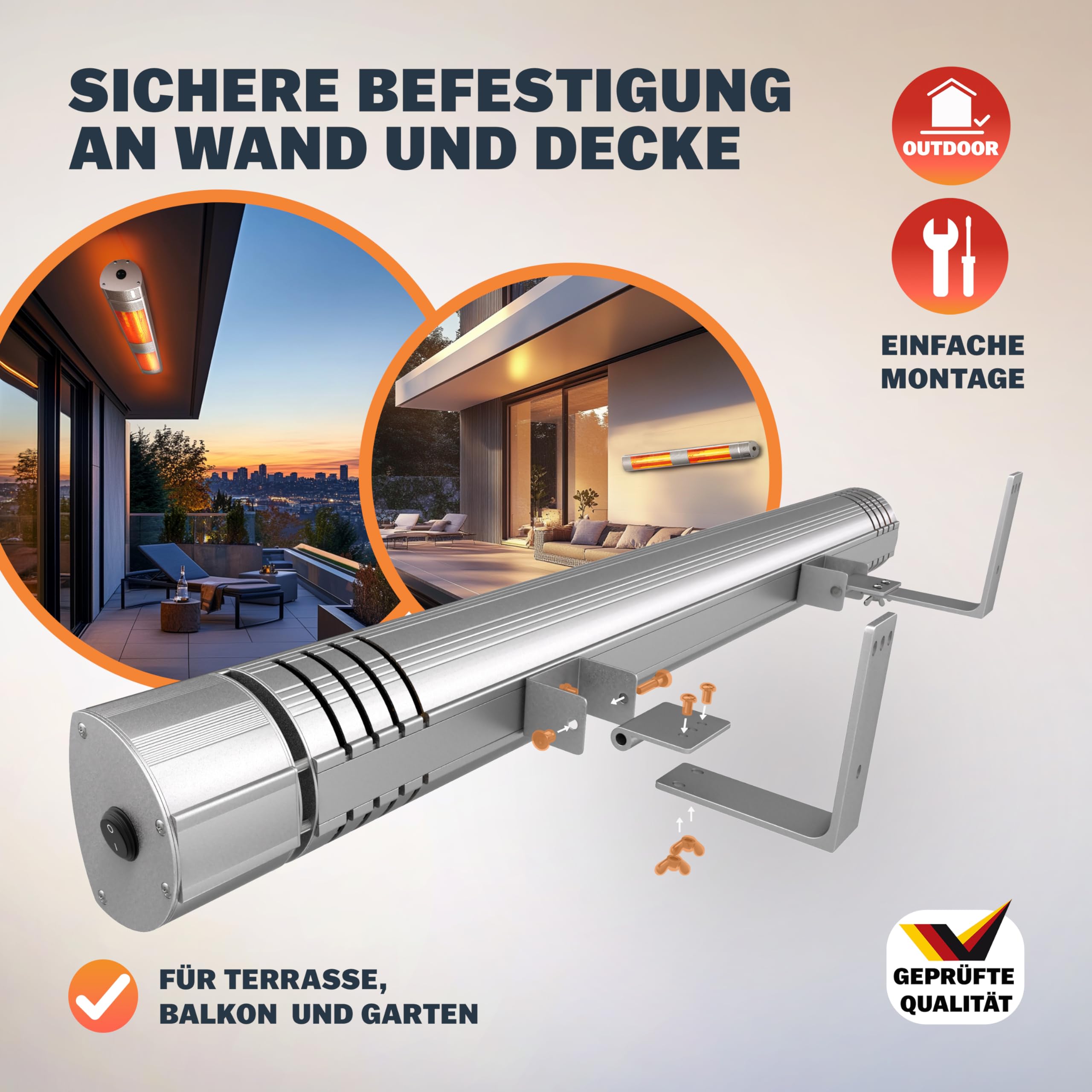 MONZANA® Infrarot Heizstrahler Goldröhre 3000W App Steuerung 3 Stufen Fernbedienung Outdoor Wärmestrahler Terrassenheizer Terrassenstrahler Silber