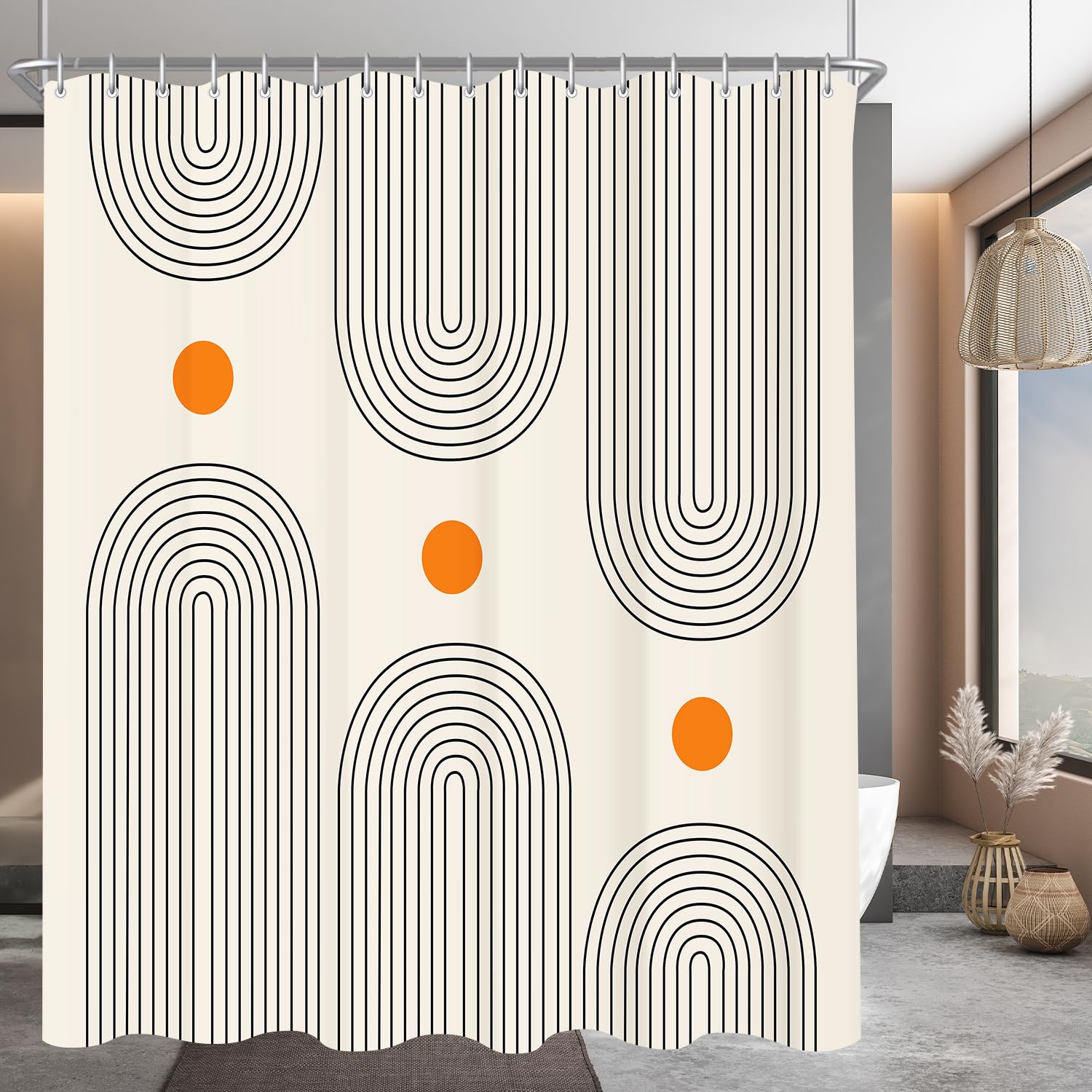 Lerores Shower Curtain 240 x 200 cm Geometric Curve, Weighted Hem, Anti-Mould Textile, Water-Repellent, Washable Polyester Fabric Bath Curtains for Bathroom, Bathtub with 16 Shower Curtain Rings