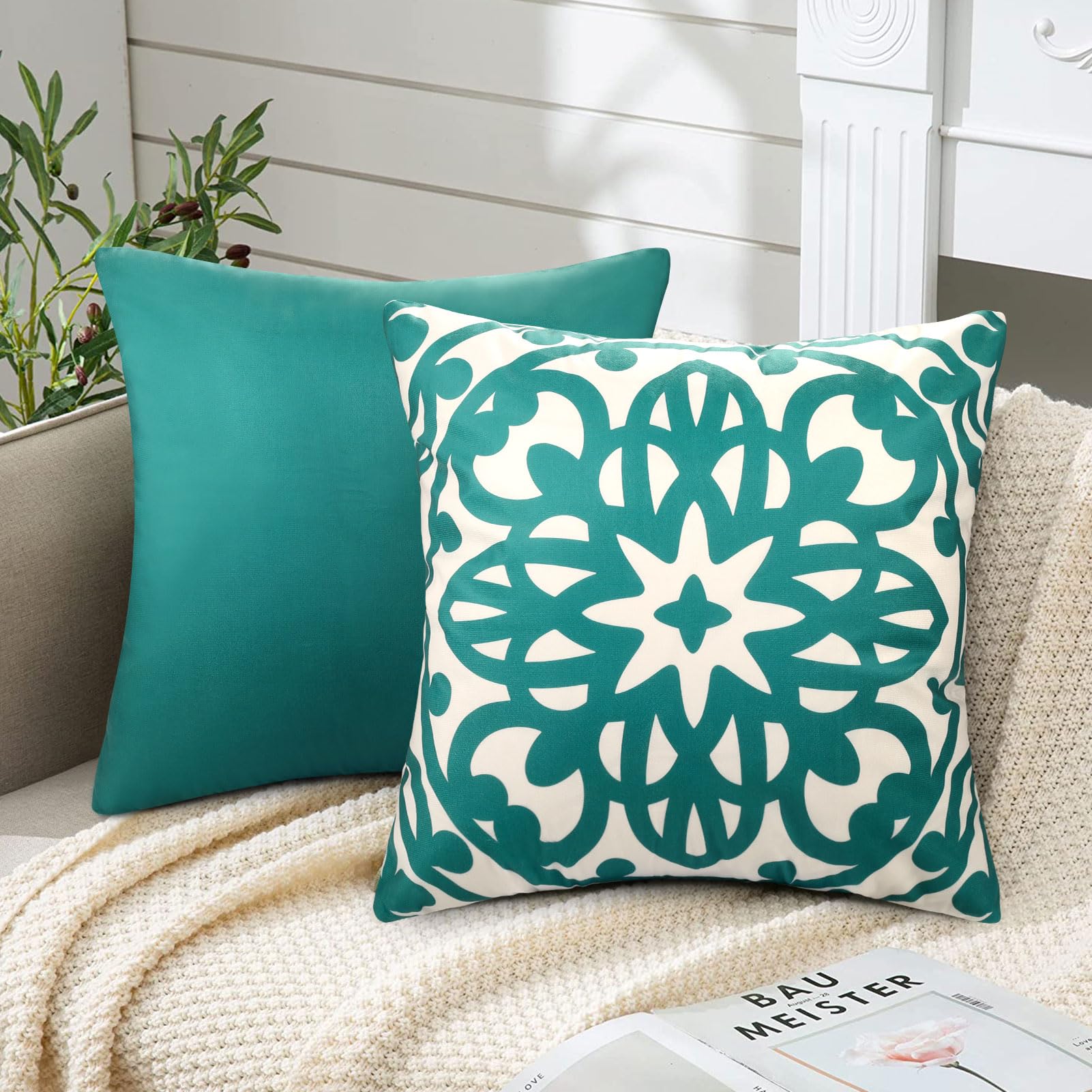 4 Fodere Per Cuscino Decorative Geometriche 45x45 Cm, Verde, Misto Poliestere E Cotone, Con Cerniera Invisibile