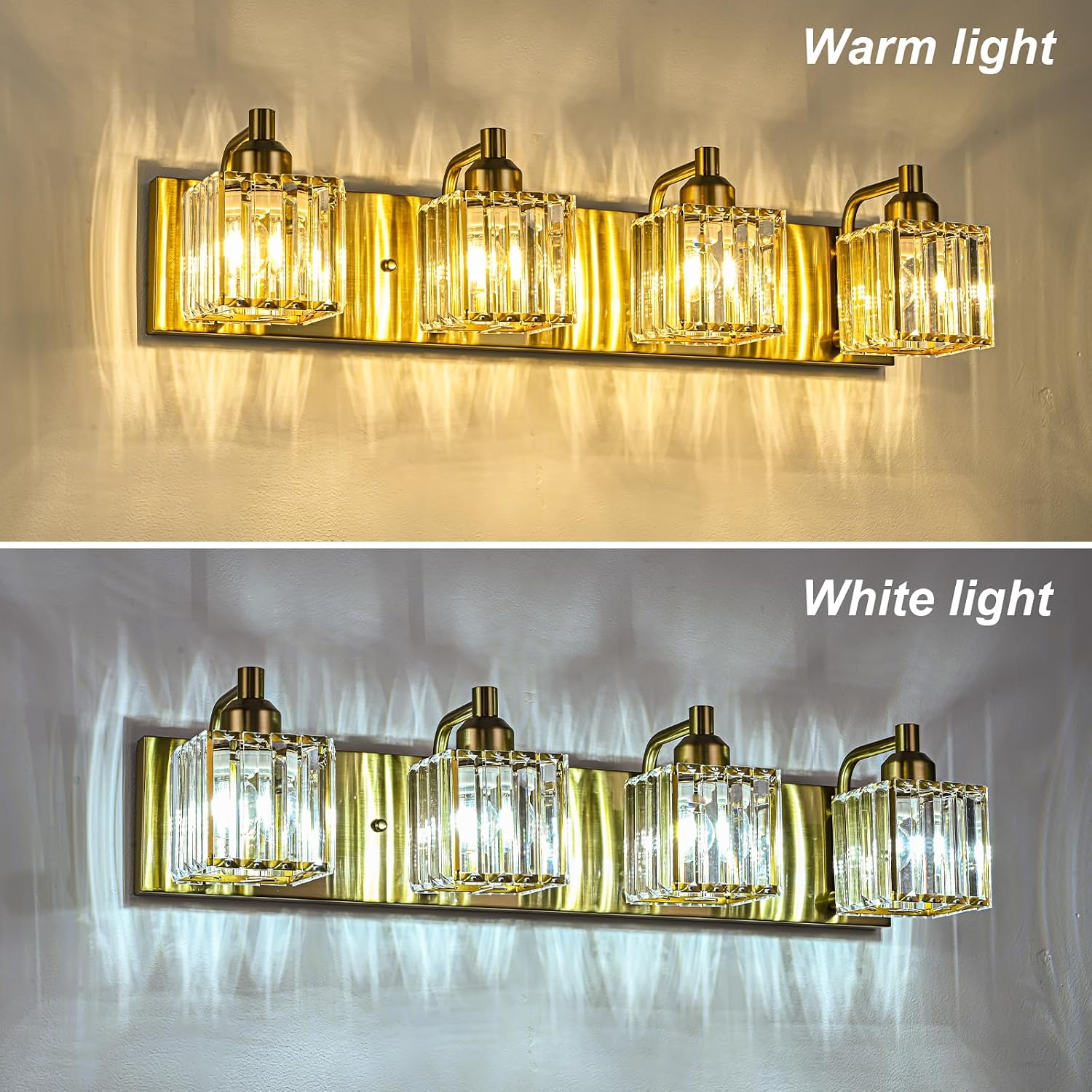 Y'INSP Modern Crystal Bathroom Vanity Lights， 4-Light Gold Bathroom Lighting Fixtures Over Mirror Gold Crystal Wall Lighting Fixtures