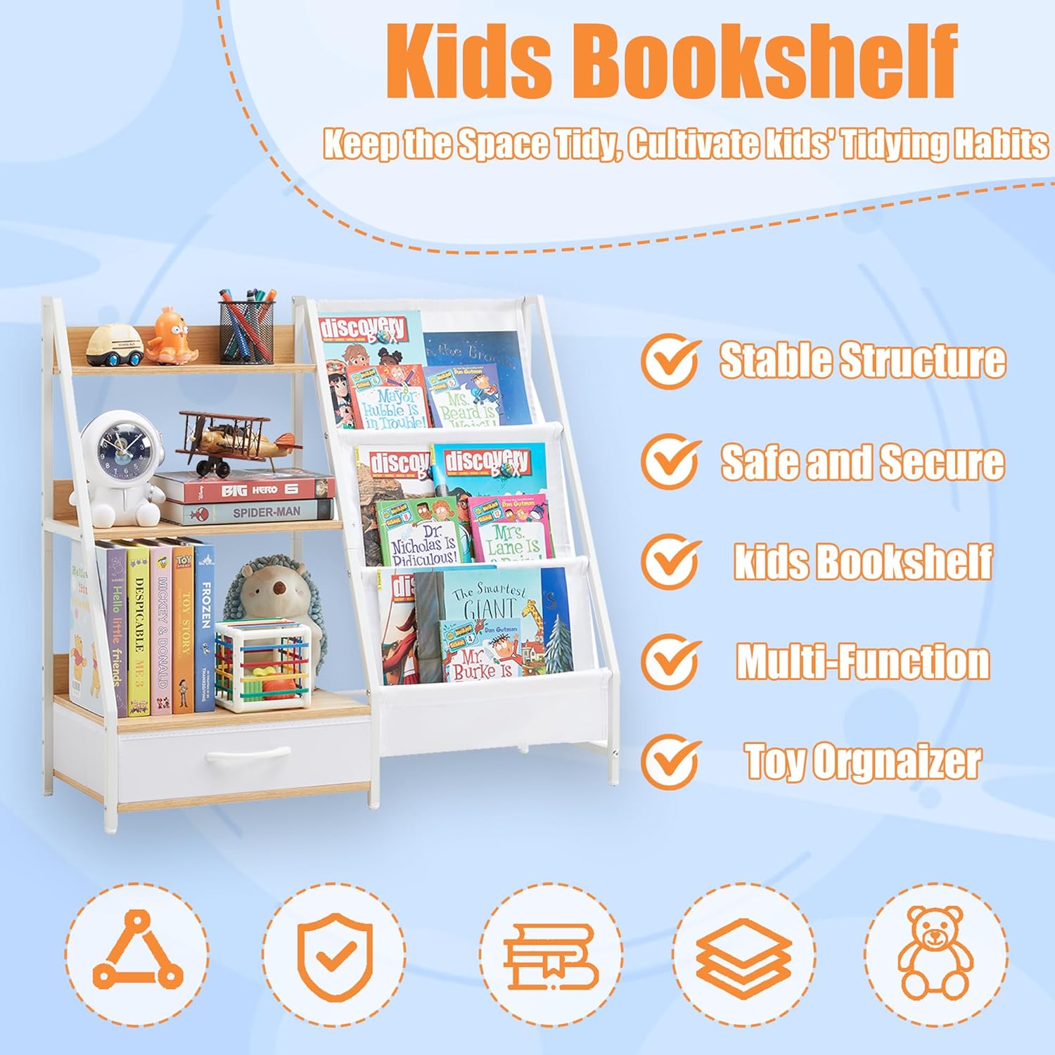 Kids Bookshelf and Toy Organizer, 3 Tier Bookshelf for Kids, Montessori Bookcase Book Shelf for Kids Rooms, Bedroom, Playroom, Nursery, Toy Storage Organizer with Bookshelf (Natural)