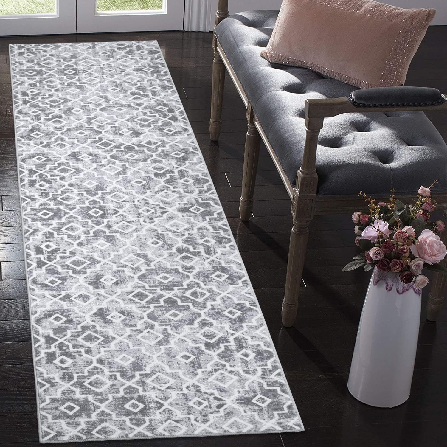 Wonnitar Moroccan Washable Runner Rug - Grey 2x8 Hallway Runner Rug Non-Slip Long Bathroom Carpet Runner Distressed Modern Geometric Trellis Soft Accent Mat for Bedroom Laundry Entrance 2' x 8' Silver Grey