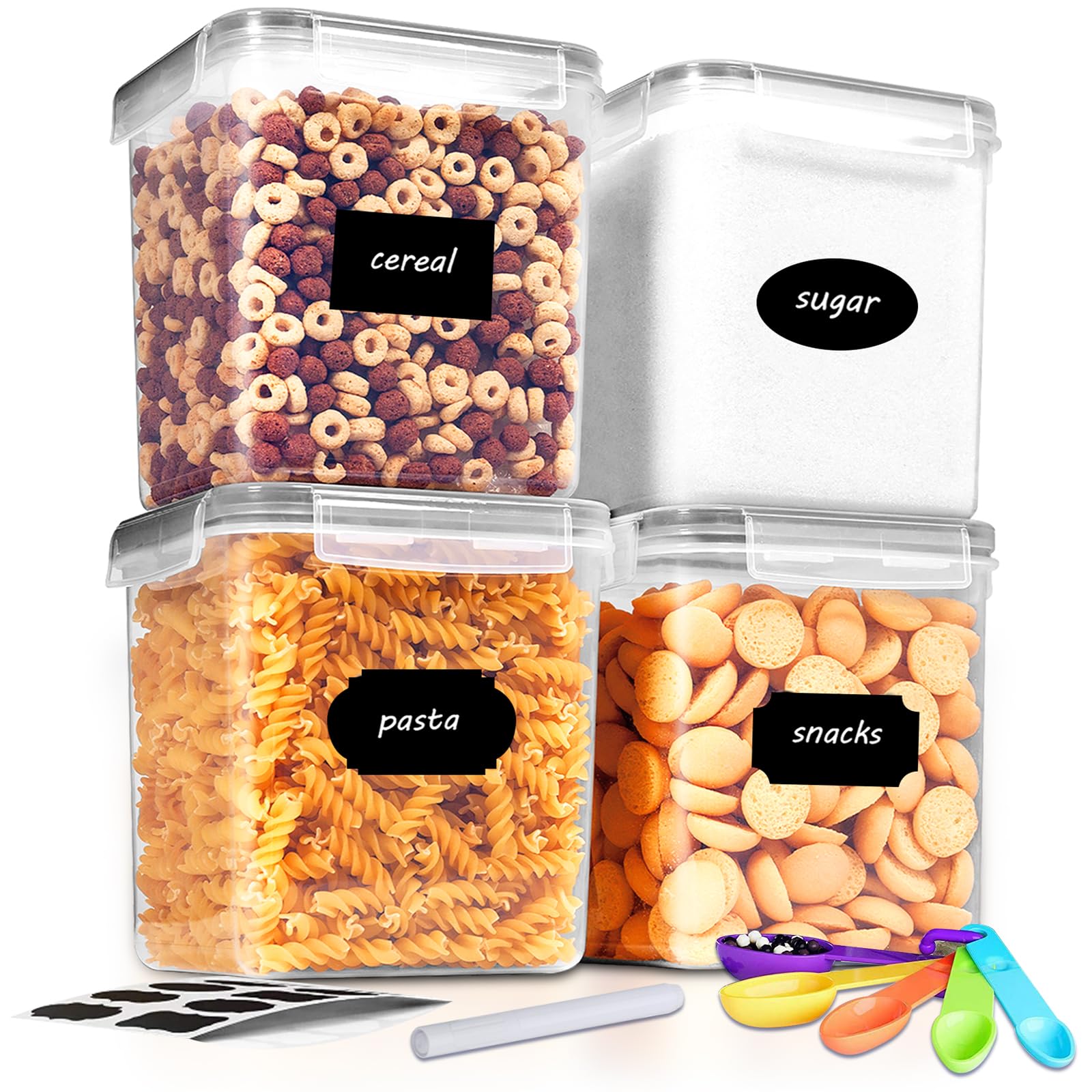 Cereal & Dry Food Storage Containers with Lids,4 Pcs 5.2L Airtight Plastic Kitchen Storage Organizer, Clear Food Storage Box for Pasta,Sugar,Rice | BPA Free Container for Kitchen Organization
