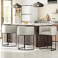 VATROS 26" Counter Height Bar Stools Set of 3 - Modern Barrel with Backrest, Arms & Faux Leather, 450 LBS Kitchen Island Stools (Grayish White)