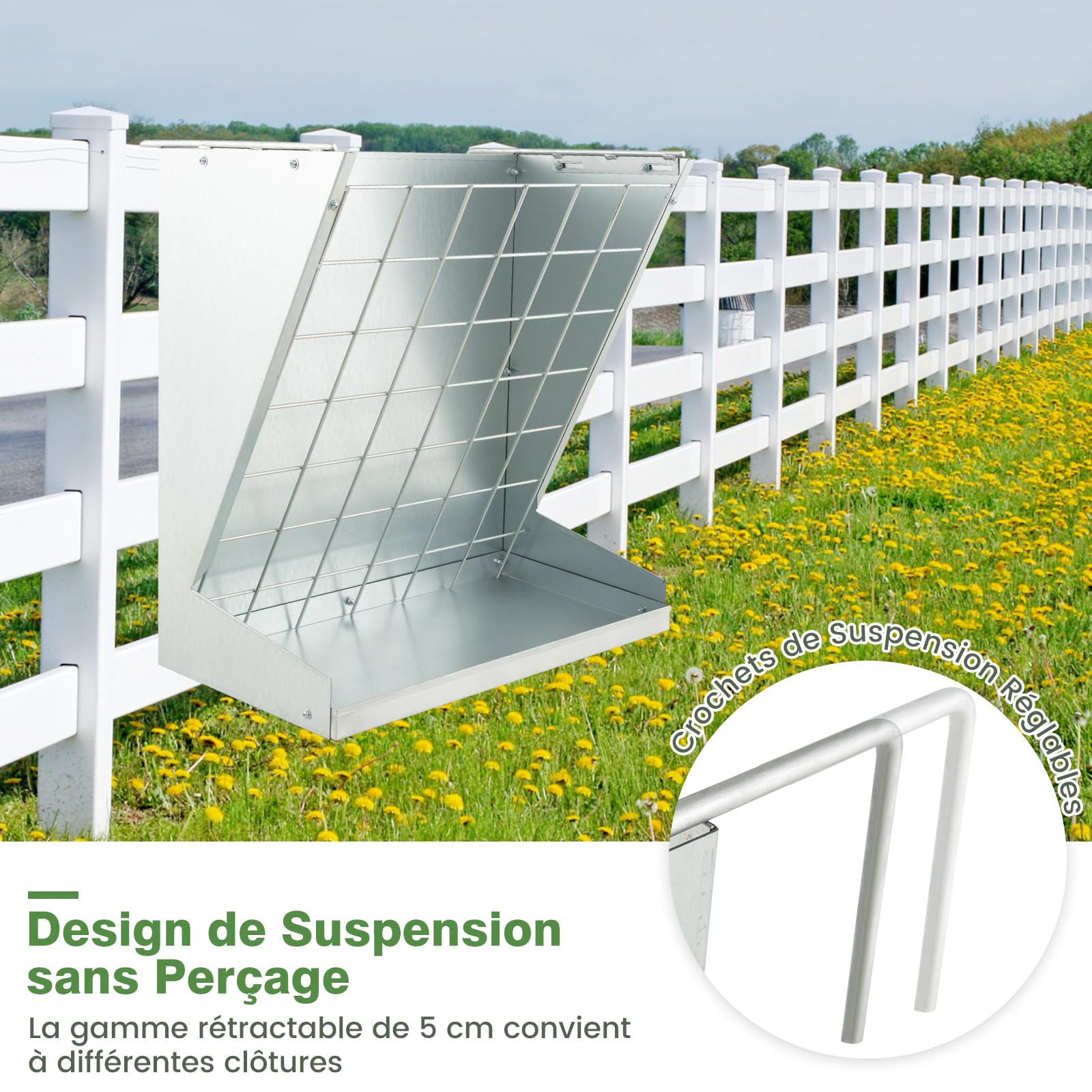 COSTWAY Mangeoire à Foin Murale 2 en 1, Râtelier à Foin et Céréales en Acier Galvanisé, 109 L pour 4-5 Moutons, Tiges Ajustables, Alimentateur de Foin Suspendu pour Chèvre, Cheval, Bœuf