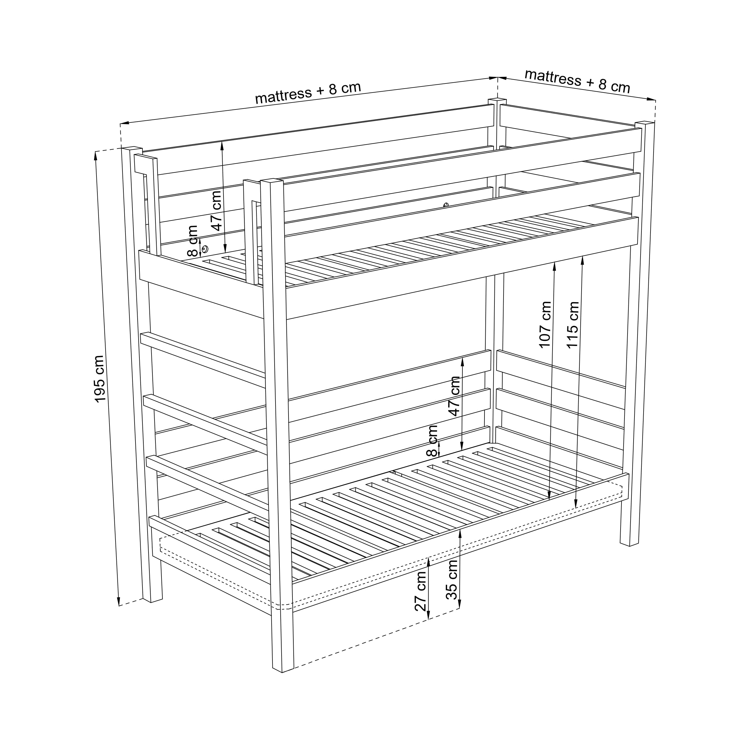 N03 Letto a castello 90x200, 100% Legno massello, Letto a soppalco per bambini e adulti, Vernici alta qualità ed ecologiche, 2 Strutture inclusa, Pino naturale