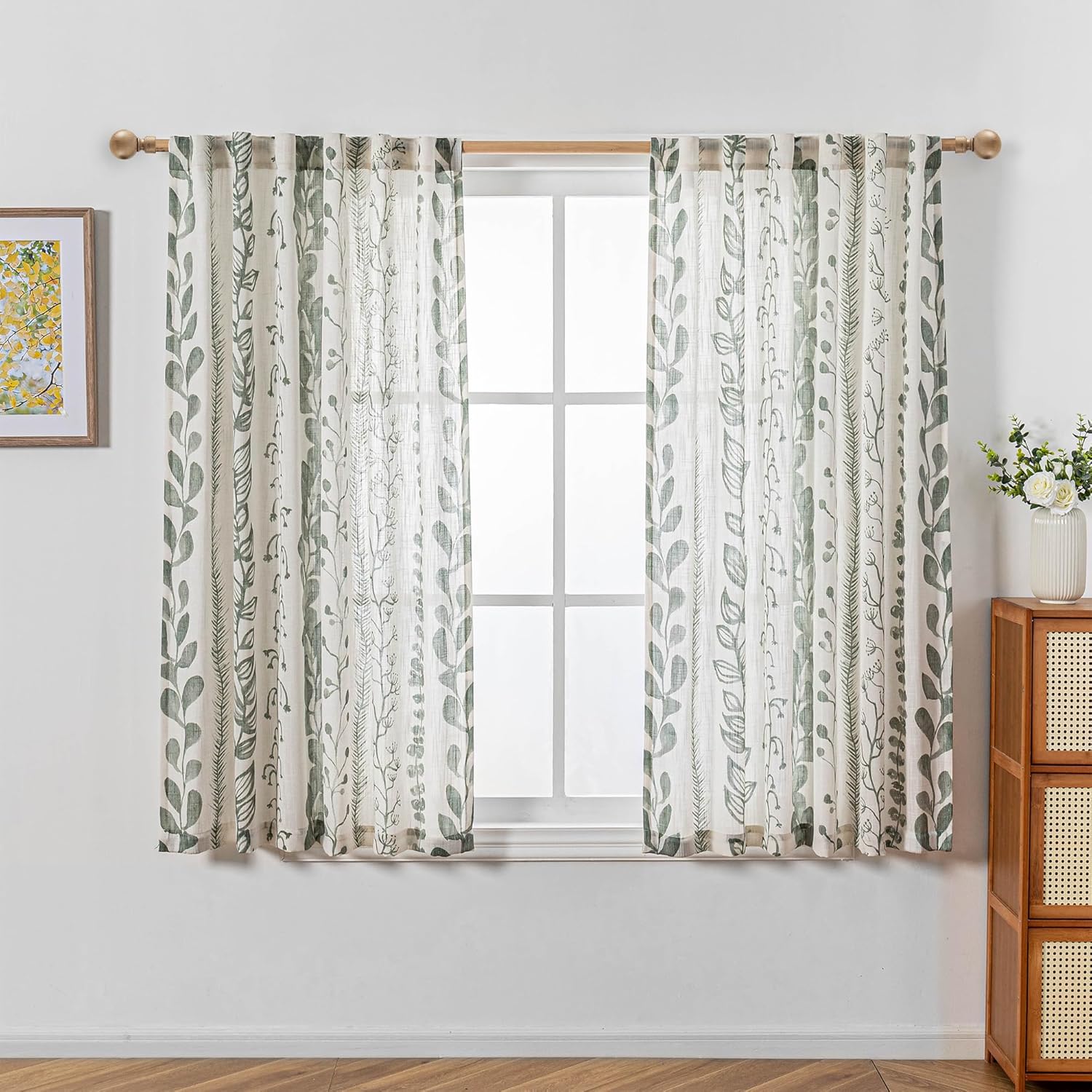 MEETSKY Sage Green Curtains 63 Inches Long Boho Curtains for Living Room Bedroom Semi-Sheer Linen Style Back Tab Drapes Light Filtering Leaf Printed Window Curtain, 50” Wide Each Panel, 2 Panels