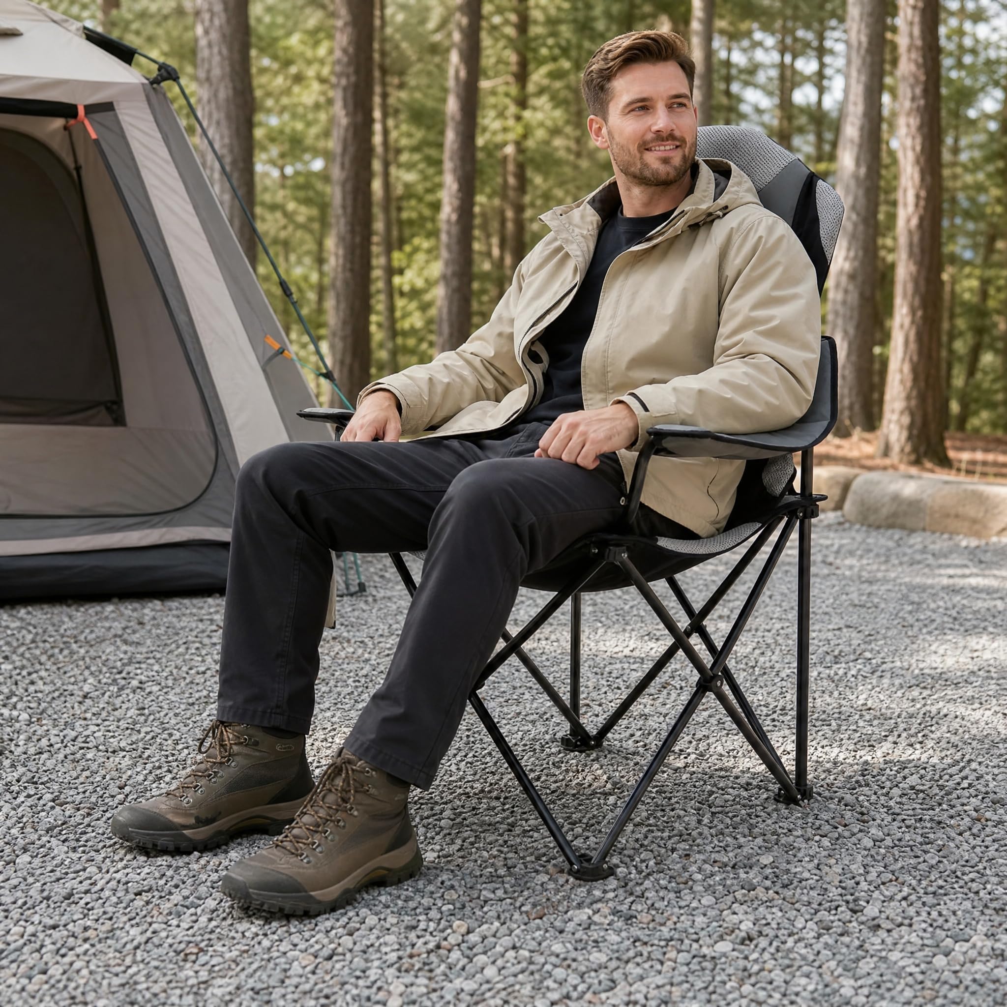 Huacan Silla de camping plegable, 136 kg, ligera, cómoda respaldo, plegable con bolsa de transporte, para picnic, exterior, senderismo