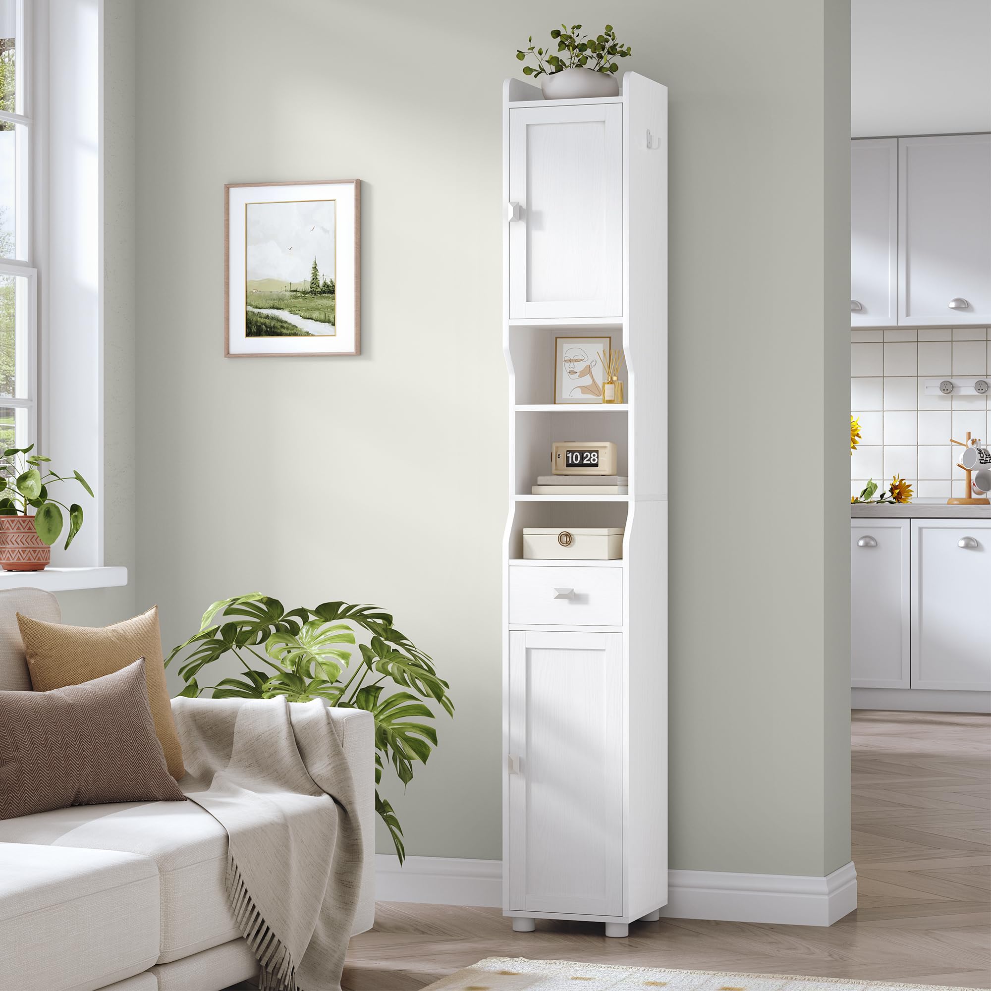 HEXCELEN Mobile da Bagno, Mobile da Bagnos Alto con 2 Ante e 1 Cassetto, Ripiano Regolabile, Scomparti Aperti, Mobiletto Bagnos Salvaspazio, per Bagno Soggiorno Camera da Letto 28 x 28 x 180 cm Bianco
