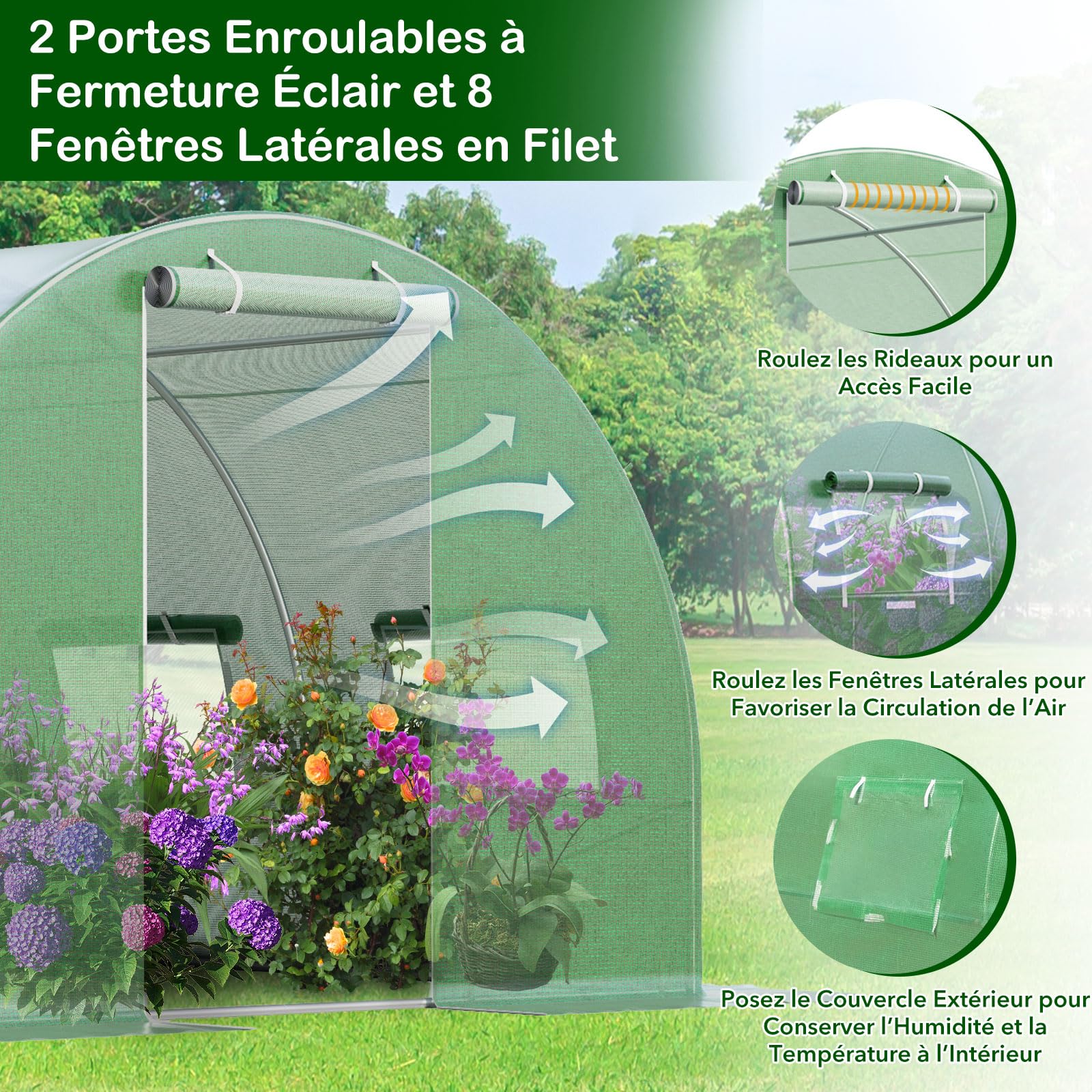 GOPLUS Invernadero de Jardín (4 x 3 x 2 m), Acero Galvanizado con 8 Ventanas Laterales y 2 Puertas, Jardín Bajo Invernadero para Granja, Patio Trasero y Jardín