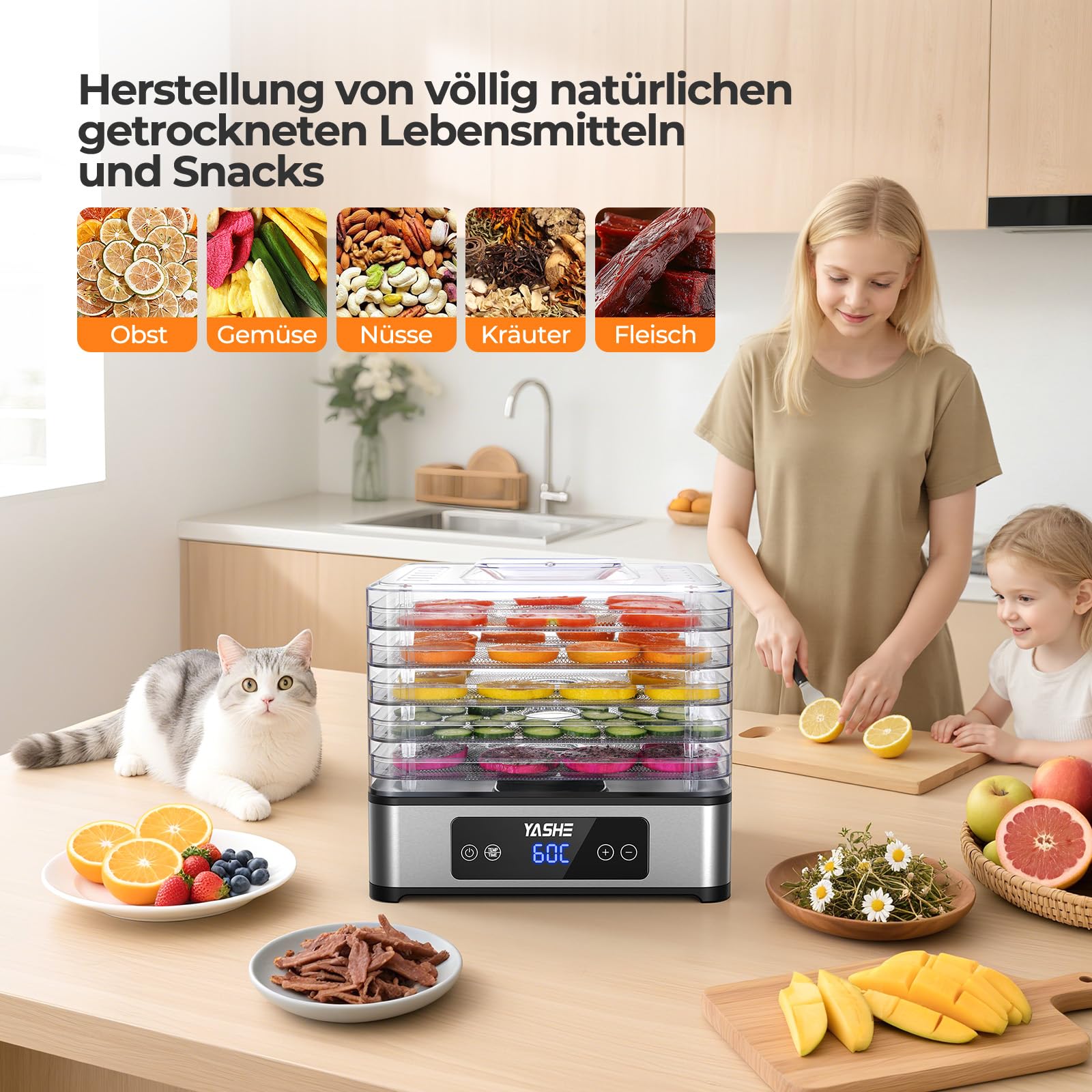 YASHE Dörrautomat, 5 Edelstahl-Dörrgitter, Einstellbarer Timer & Temperatur, 360° Luftzirkulation, BPA-frei, 400W Dörrgerät für Jerky, Früchte, Kräuter, Hundesnacks