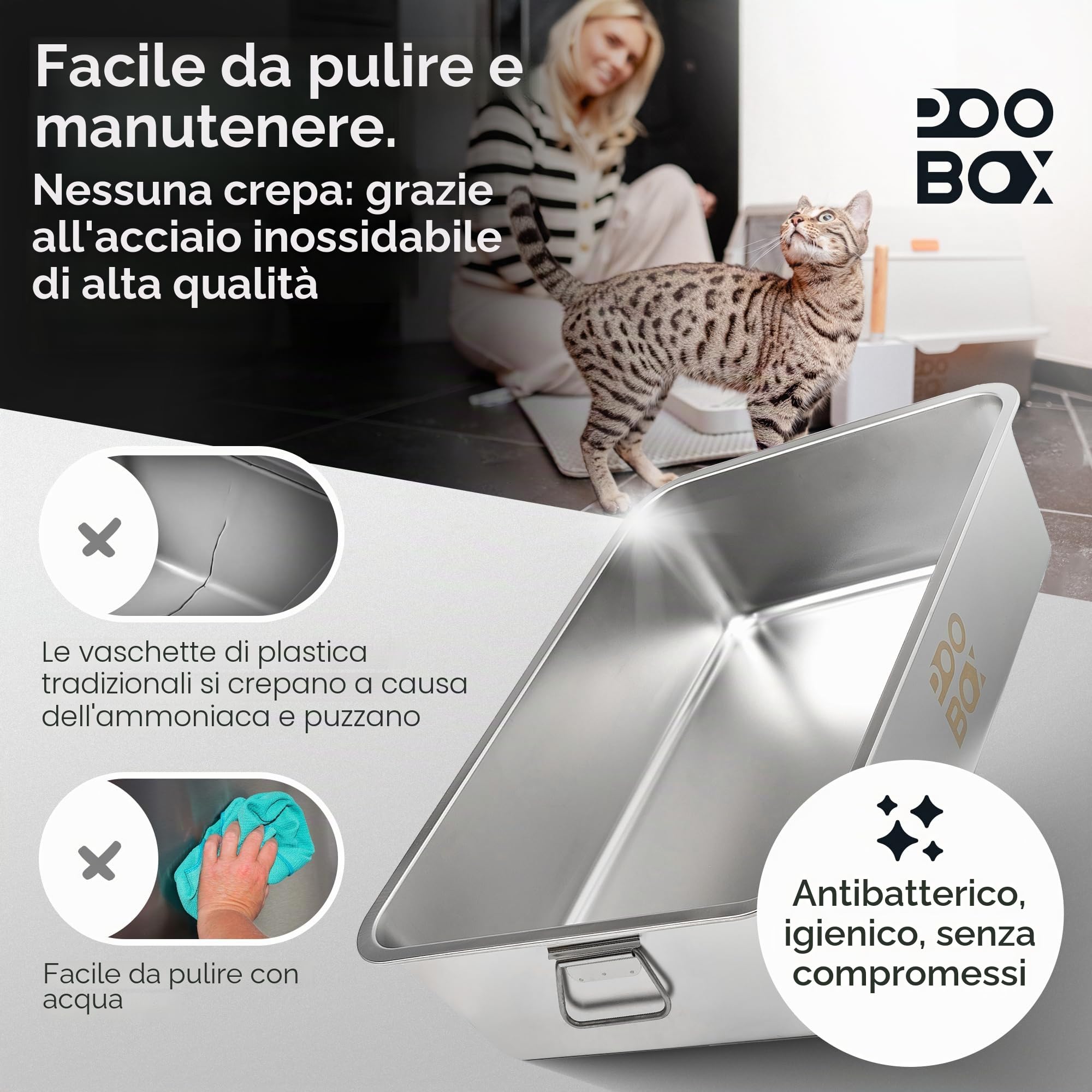 Lettiera per gatti in acciaio inox con coperchio a tenuta stagna, 3 in 1, chiusa, aperta, con filtro antiodore, tappetino e gradino, in acciaio inox, per gatti