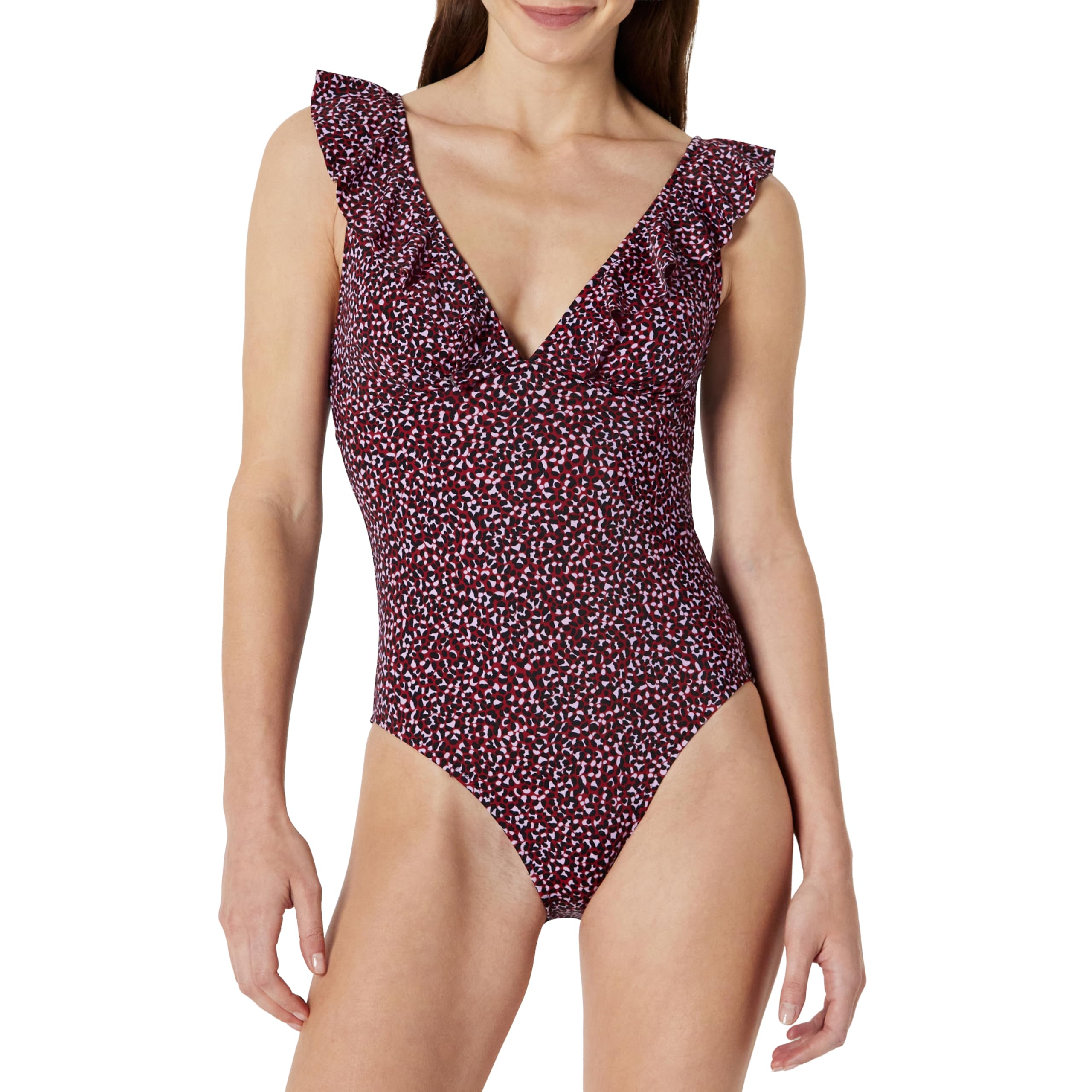 

                                                    Amazon Essentials Women's Ruffle V-Neck One-Piece 