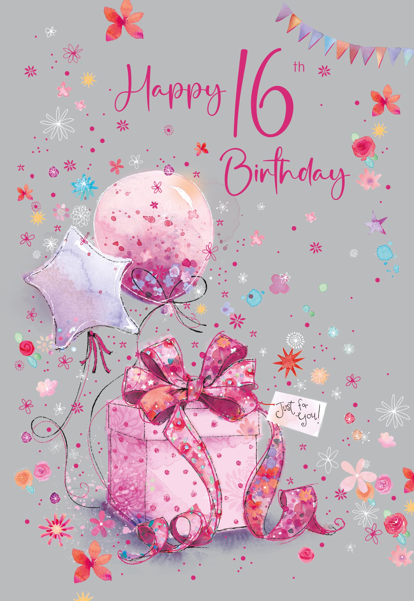 Cherry Orchard Happy16th Birthday Card for girls, Beautiful Pink Gift & Balloons, pink foil finish, Complete with Envelope