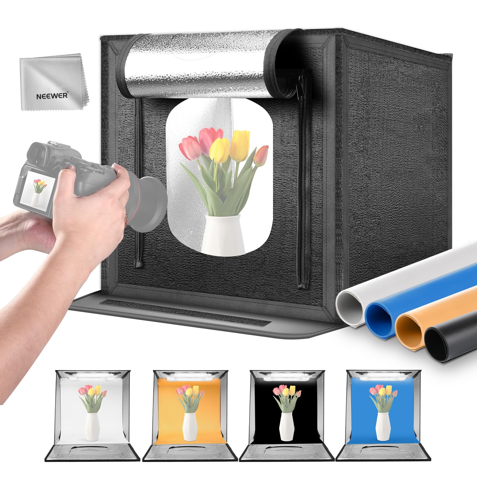 NEEWER Box Fotografico Studio Light Aggiornato 60x60cm Antiriflesso 4 Sfondi Colorati Panno Pulizia 160 LED 5600K CRI97+ Mini Scatola Fotografica da Tavolo per Foto Gioielli Elettronica Prodotti,LP60